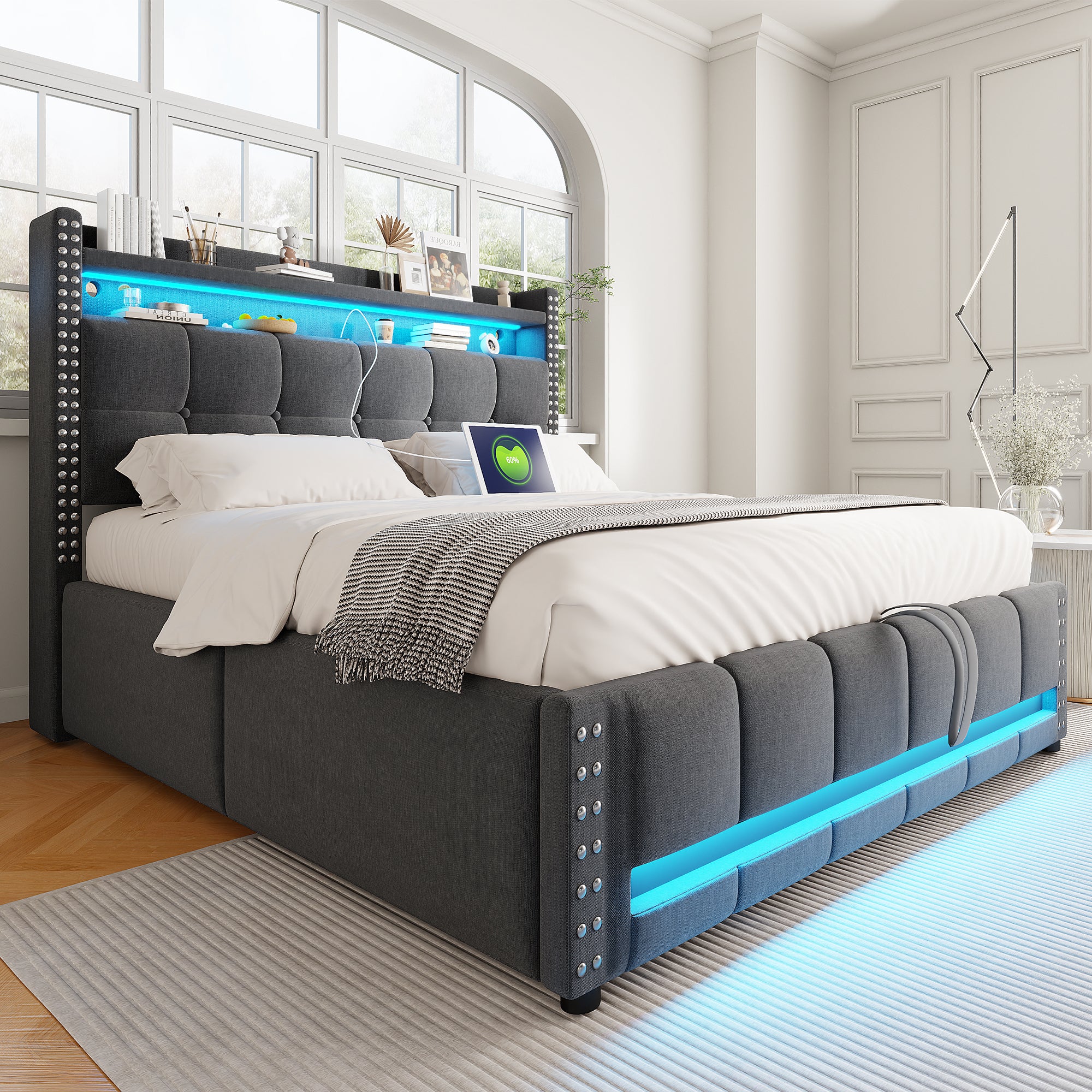 Upholstered Bed 140*200cm, LED & USB, Hydraulic Storage, Linen Fabric Grey