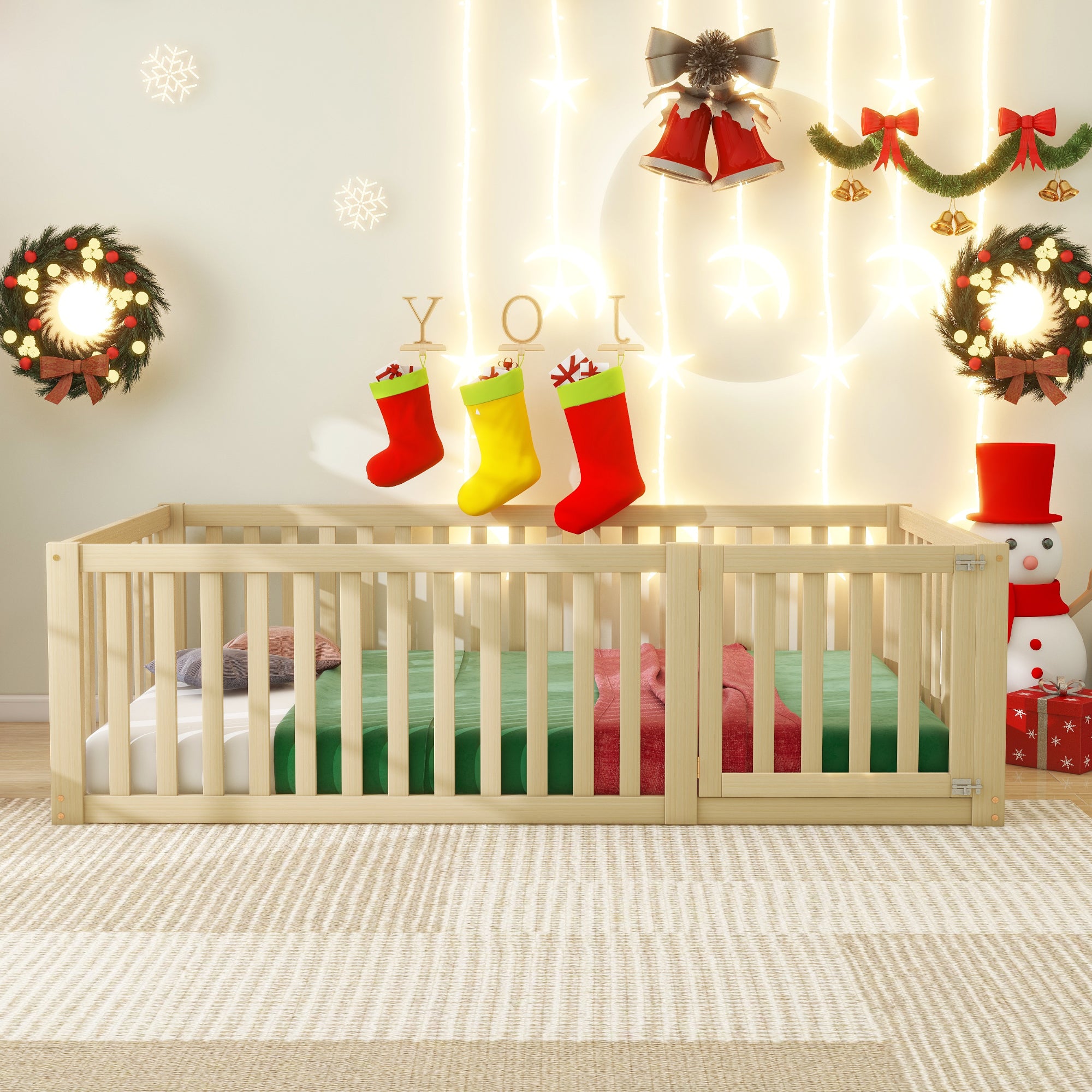 Children's bed 90 x 200, floor bed frame with fence and door, wood