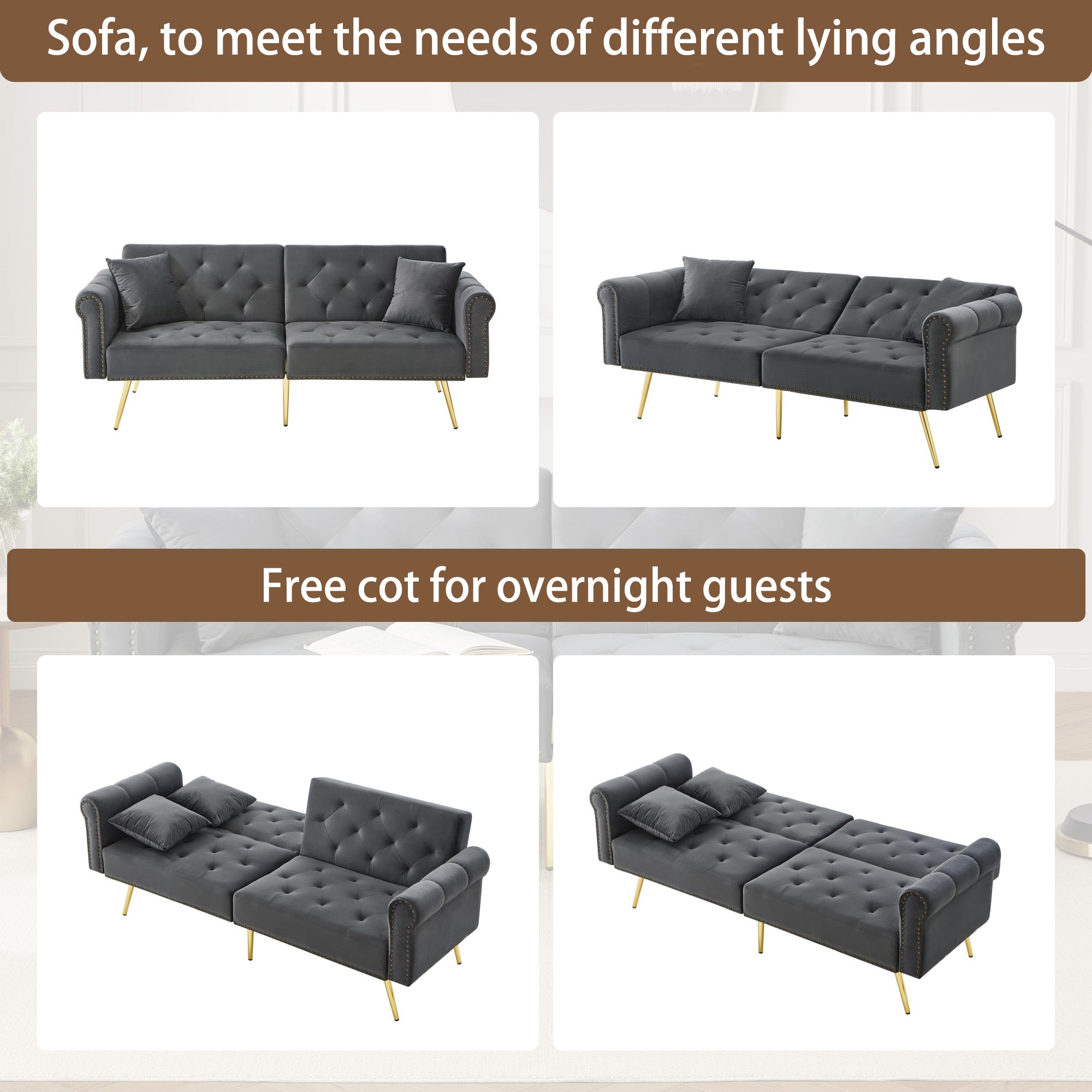 Modern 2-Seater Sofa Bed, 3-Stage Adjustable Backrest Sleeping Function, Velvet Upholstery