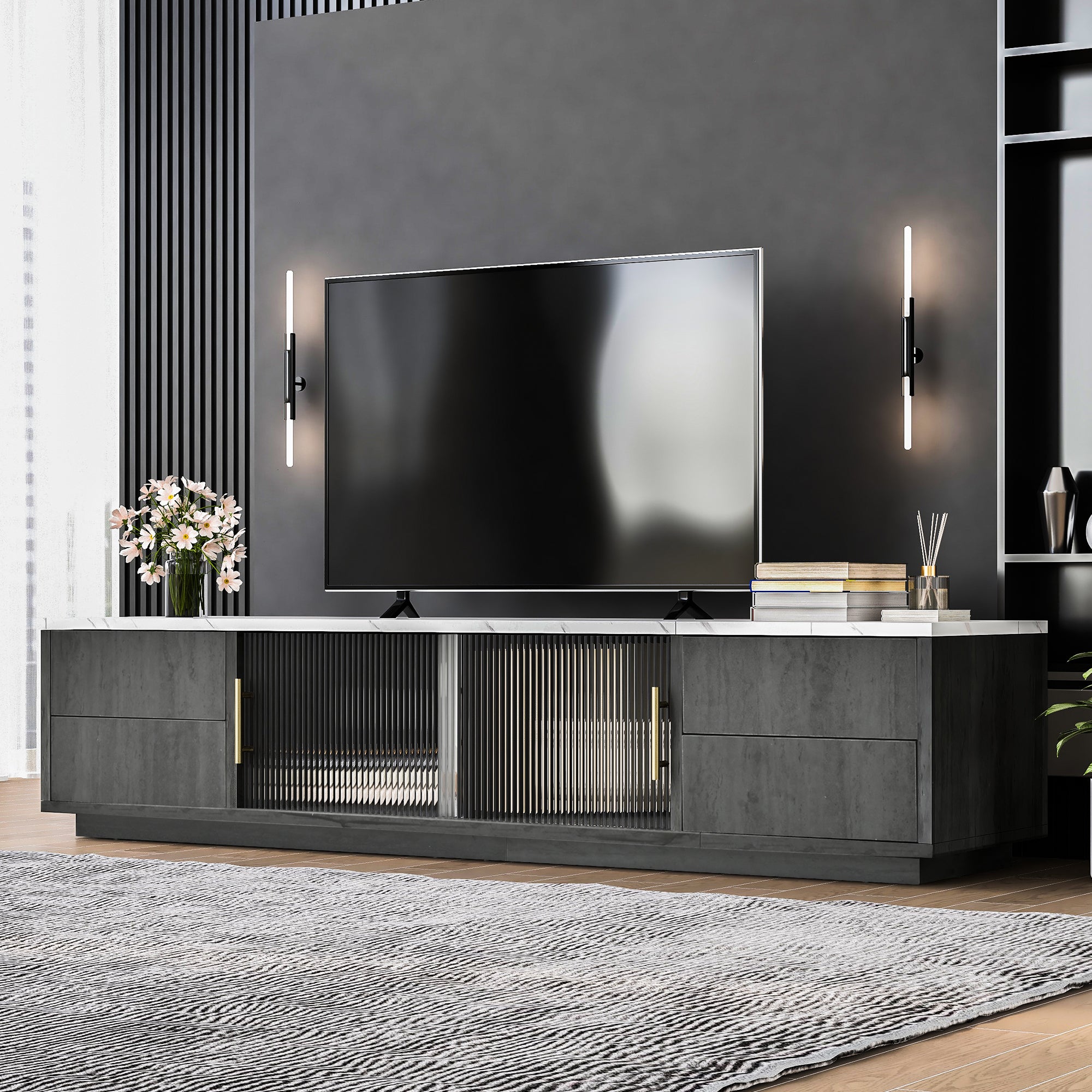 160cm Deluxe TV Stand for 70" TV, Cable Management, Push-to-Open Drawers, Grey Marbled