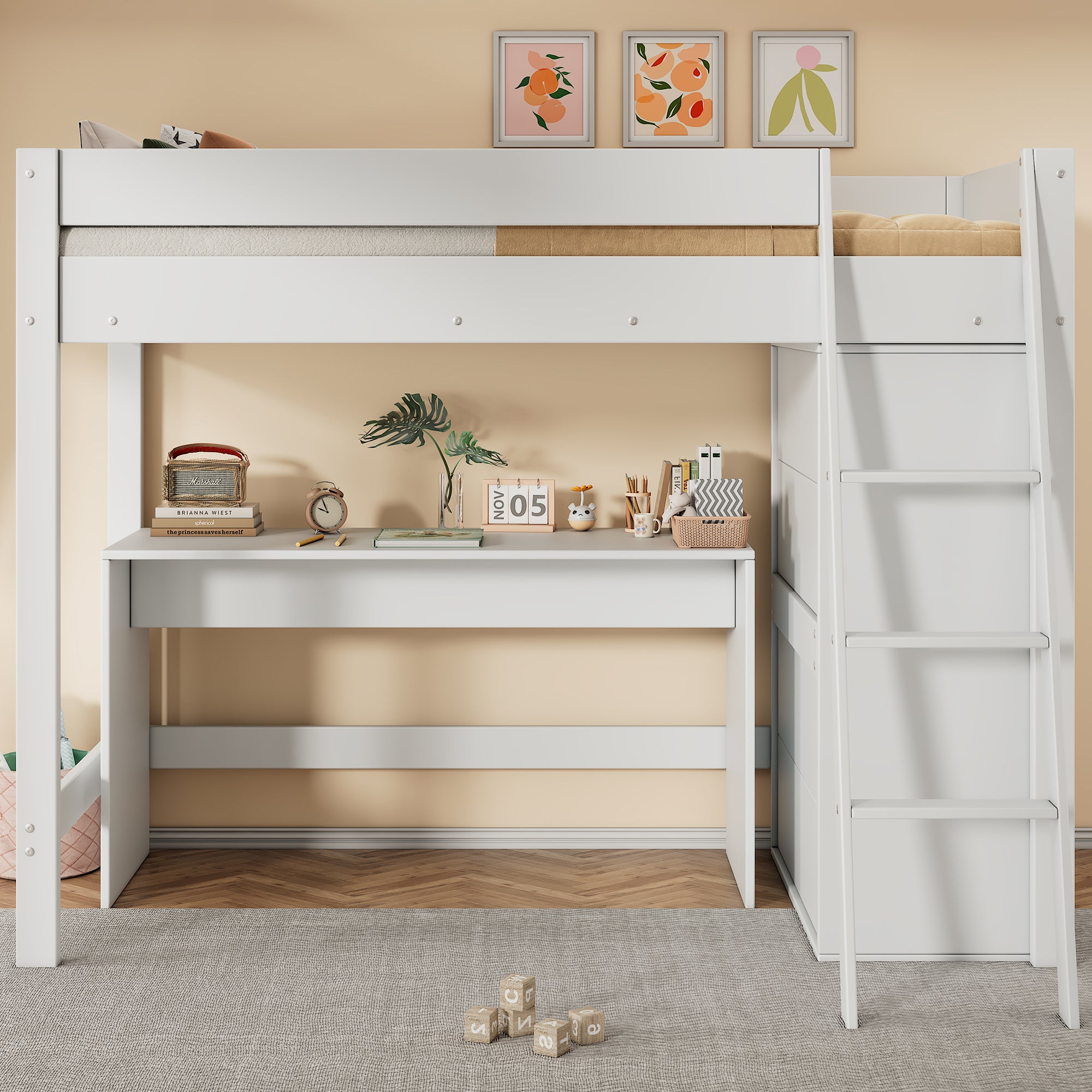 Solid Wood Bunk Bed with Desk, Wardrobe & Safety Rails – Kids’ Multifunctional Bed