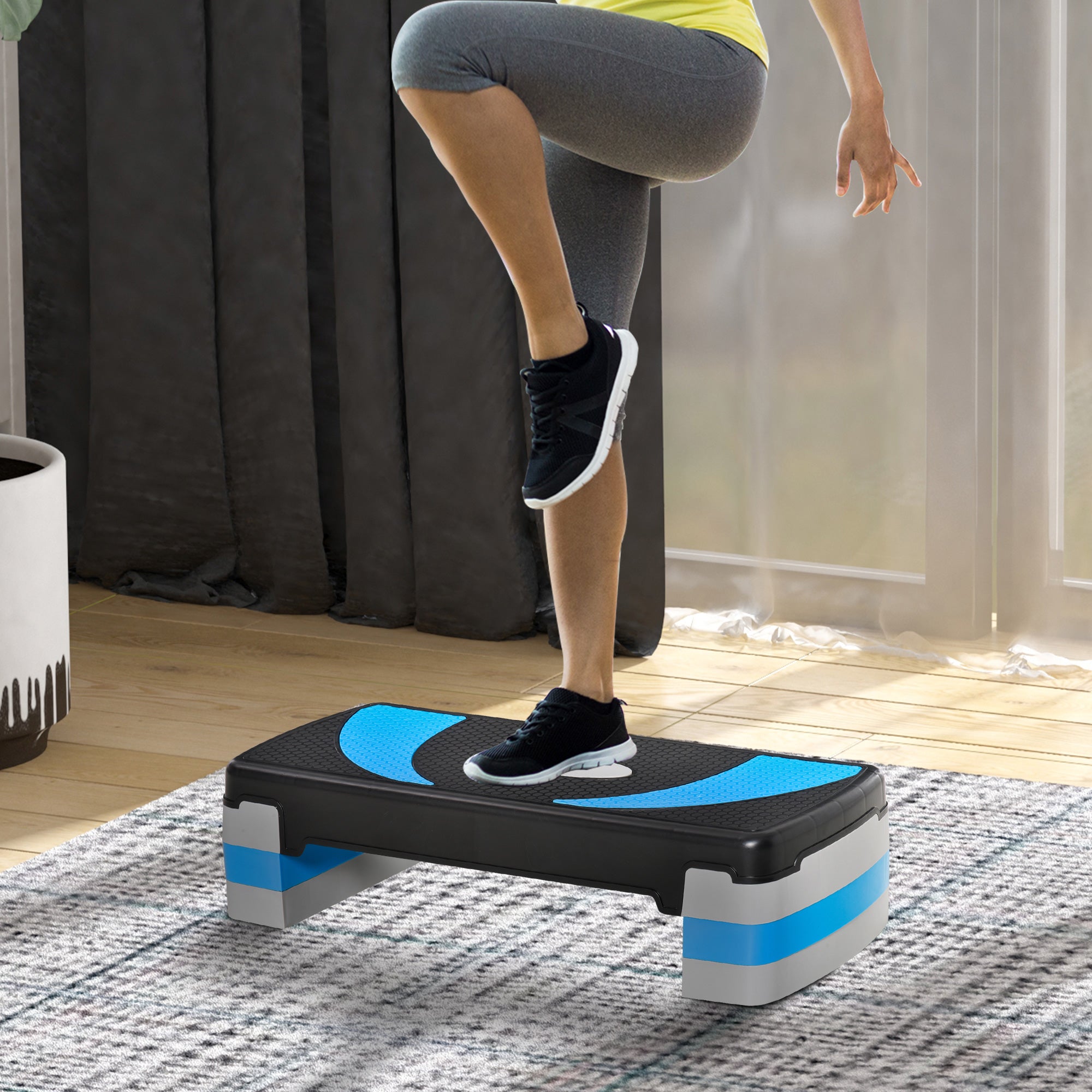 Step board aerobic stepper 3-level adjustable, fitness exercise, 150 kg, light blue