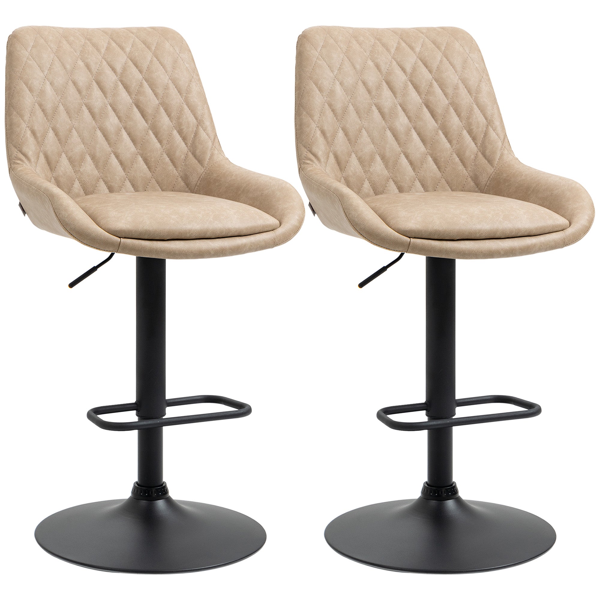 Retro Bar Stools Set of 2, Adjustable Upholstered Swivel Seat, Light Khaki