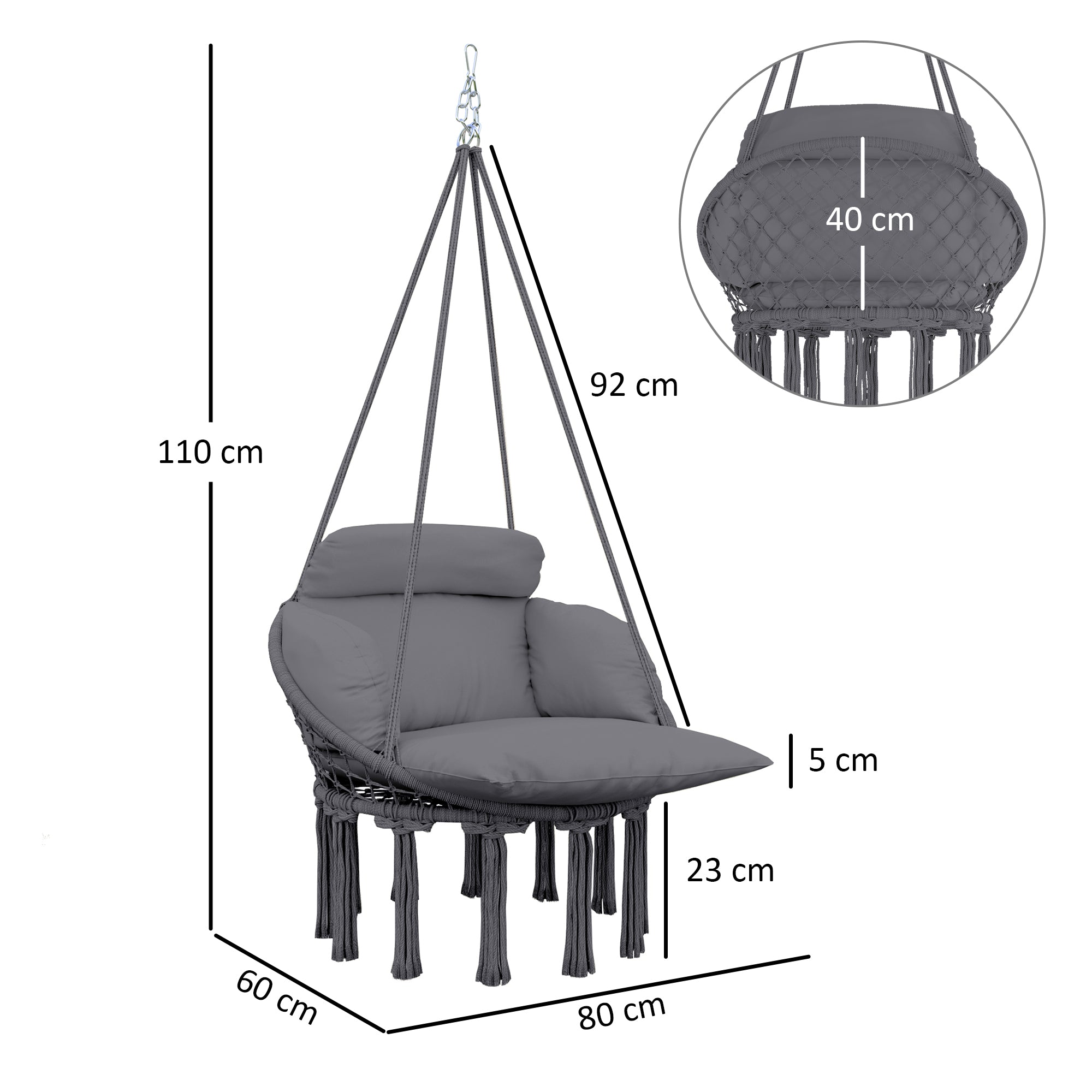 Hanging Chair Outdoor Hammock Swing Seat Soft Cushion Cotton Rope Dark Grey
