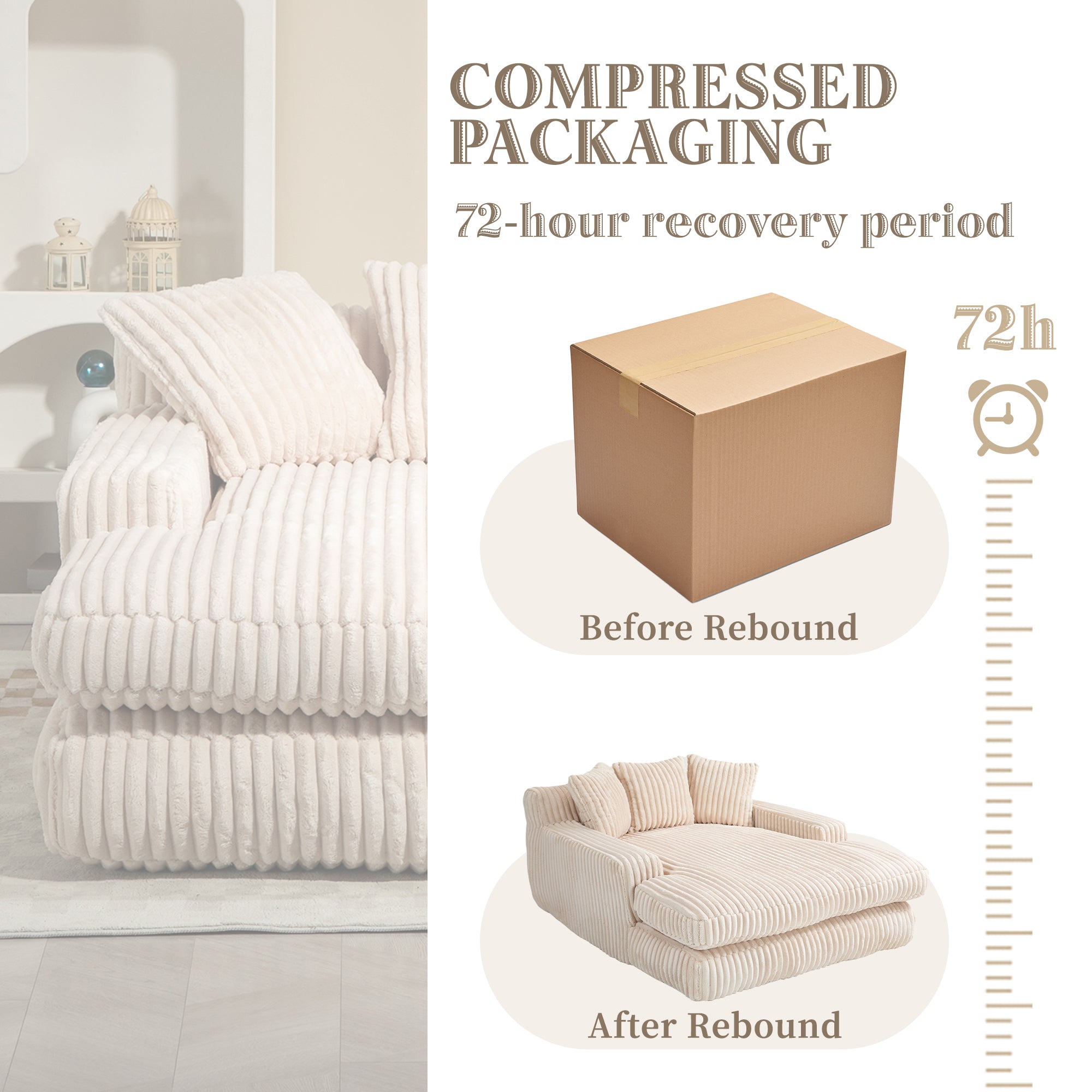 GOMYWAY Oversized Chaise Lounge Sofa Upholstered with 3 Throw Pillows, Beige