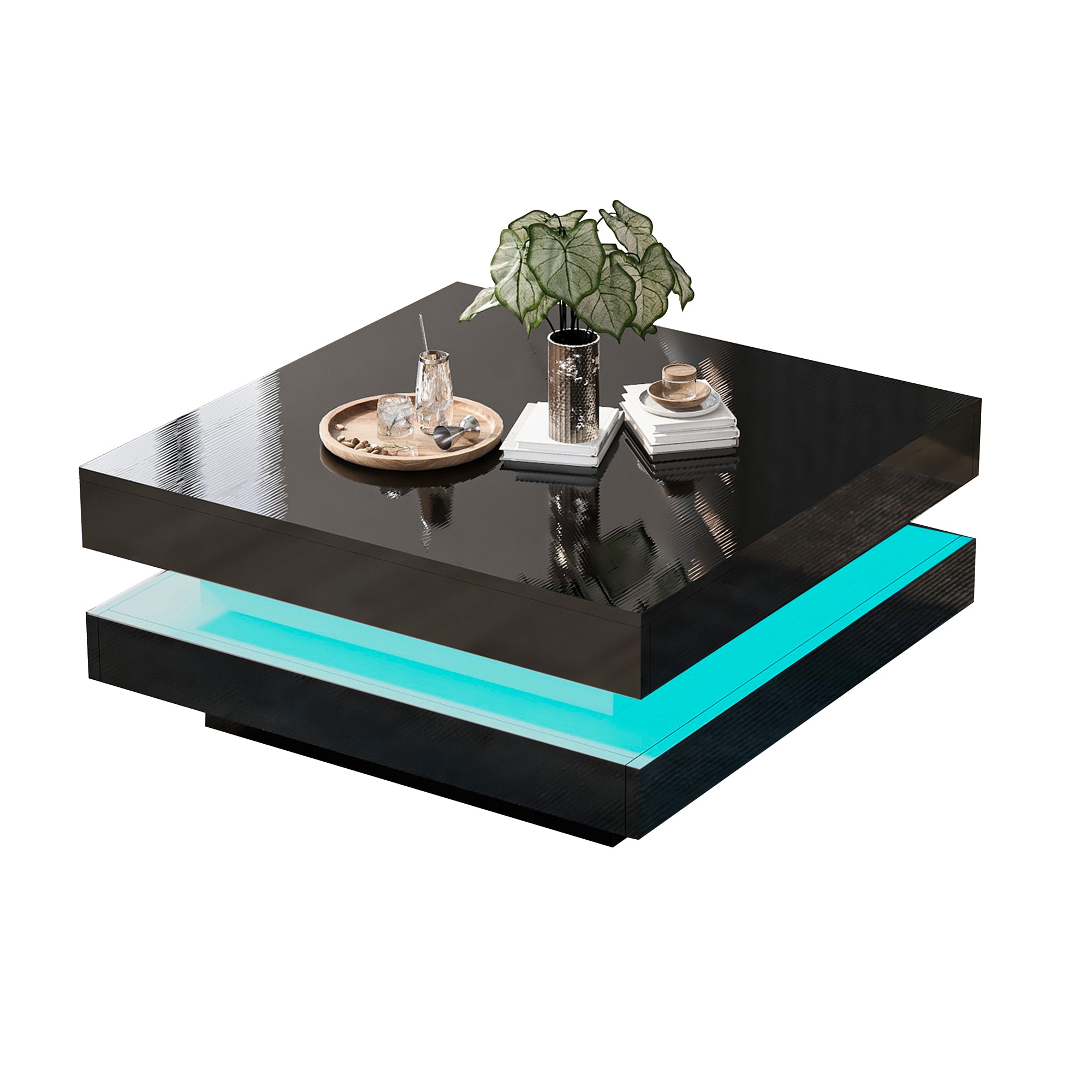 Square Coffee Table Rotating Top 16 LED Lights - High-Gloss Black
