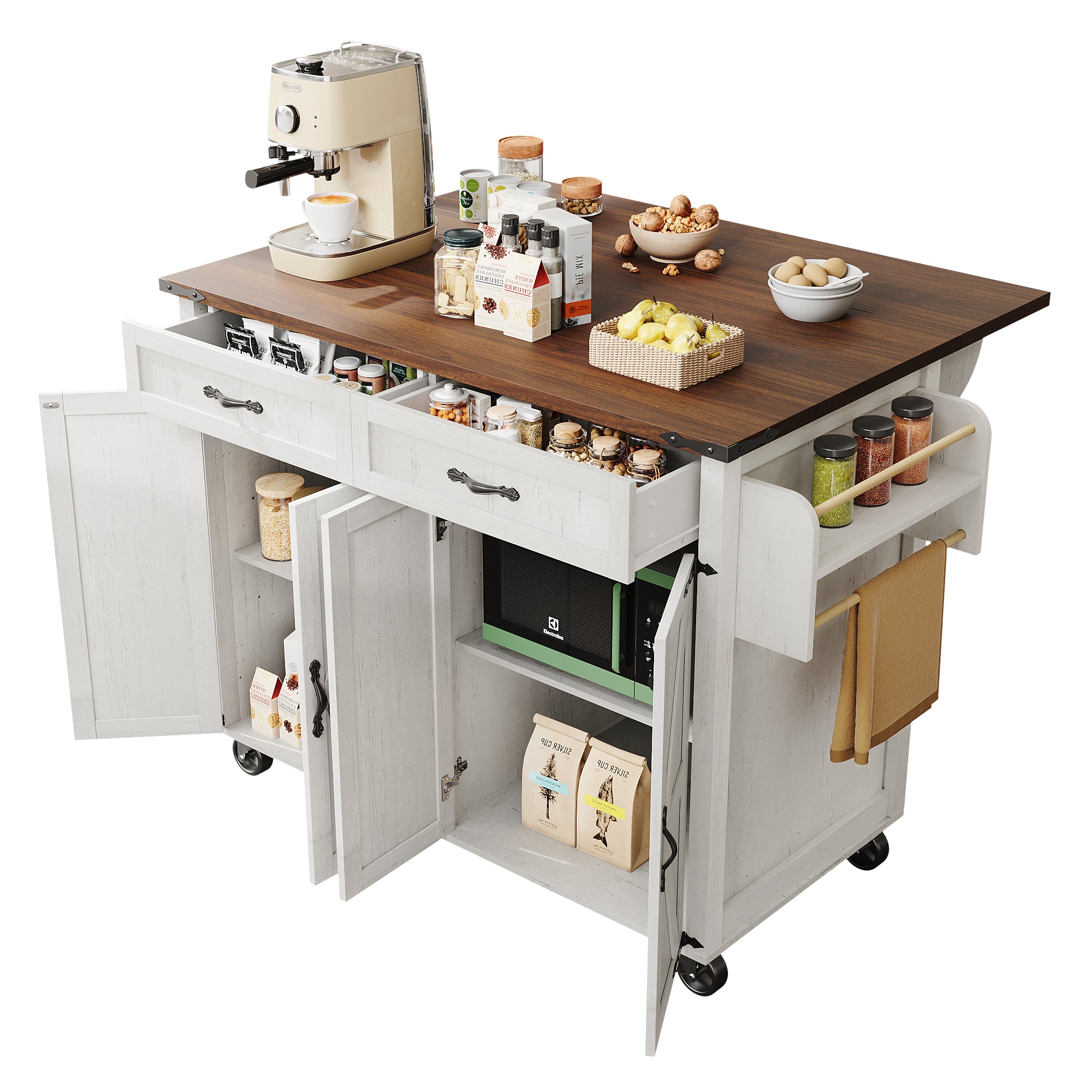 Kitchen Island Serving Trolley, Pull-Out Worktop Storage with 4 Doors and 2 Drawers, Wood Grain