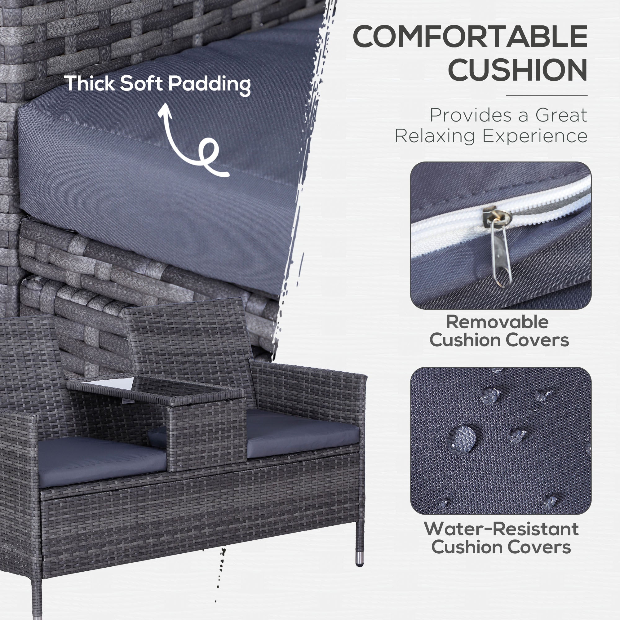 2-Seater Garden Bench, PE Rattan Outdoor with Centre Table, Grey