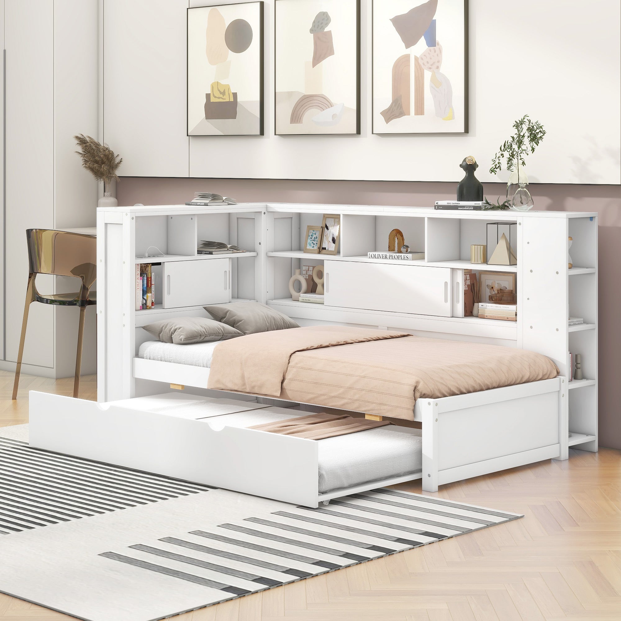 Daybed Children's Bed Pull-Out Sofa Storage USB Chipboard White