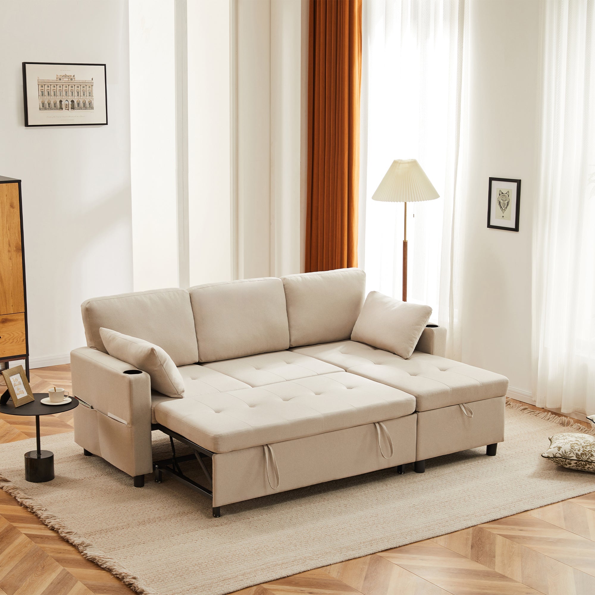 Sofa Bed, 3 Seater L-Shaped Sectional with Pull-out Storage, Convertible Settee for Living Room, Beige Fabric