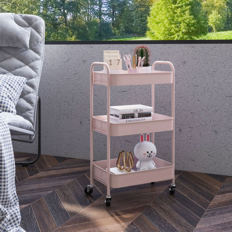 Three-Tier Storage Trolley, Multi-Purpose Steel, Pink