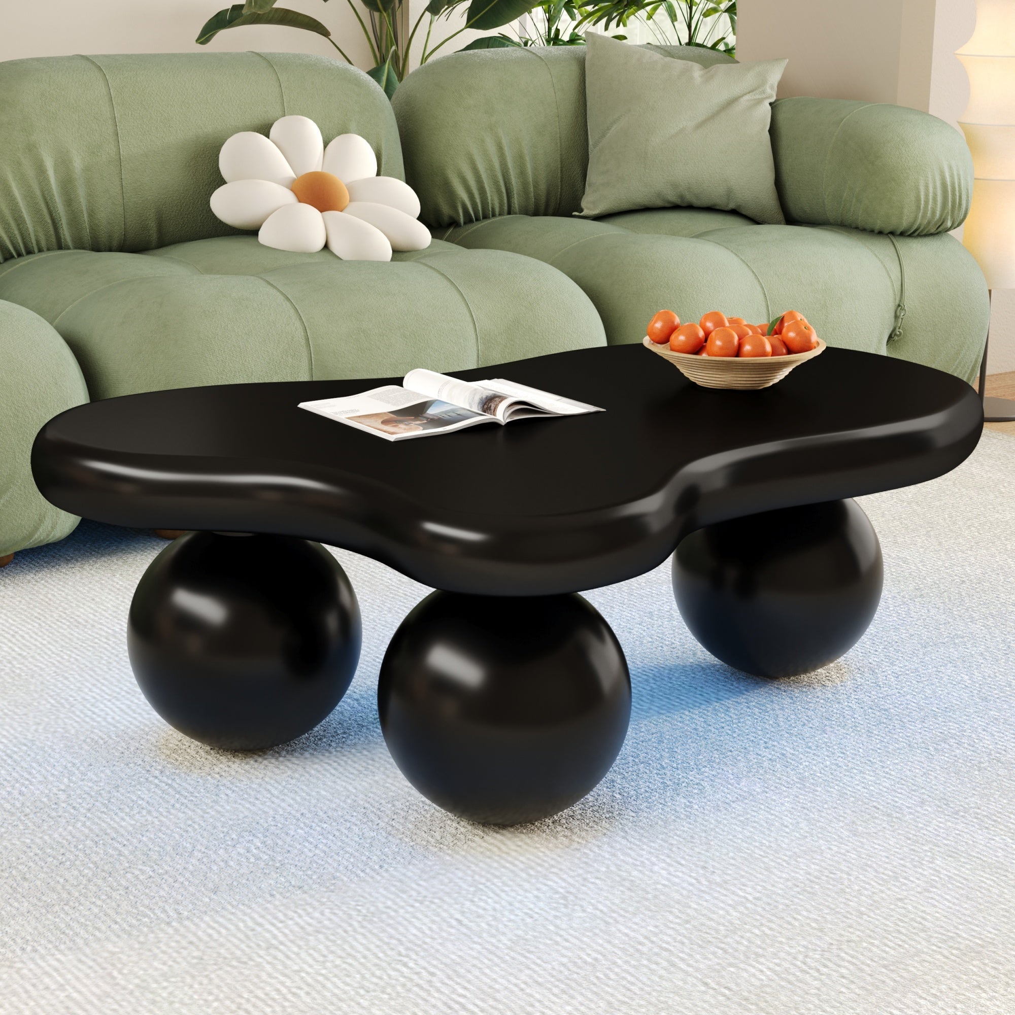Coffee Table, Cloud-Shaped with LED Lighting & Round Legs, Black