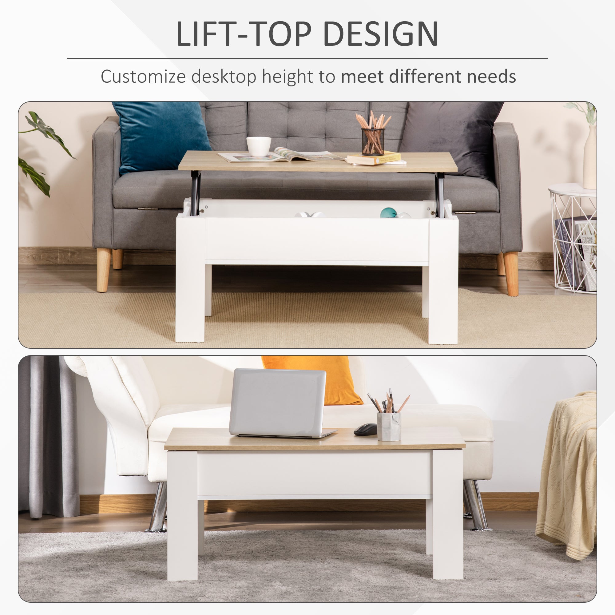 Lift Top Coffee Table, Pop-Up Tabletop with Hidden Storage Compartment