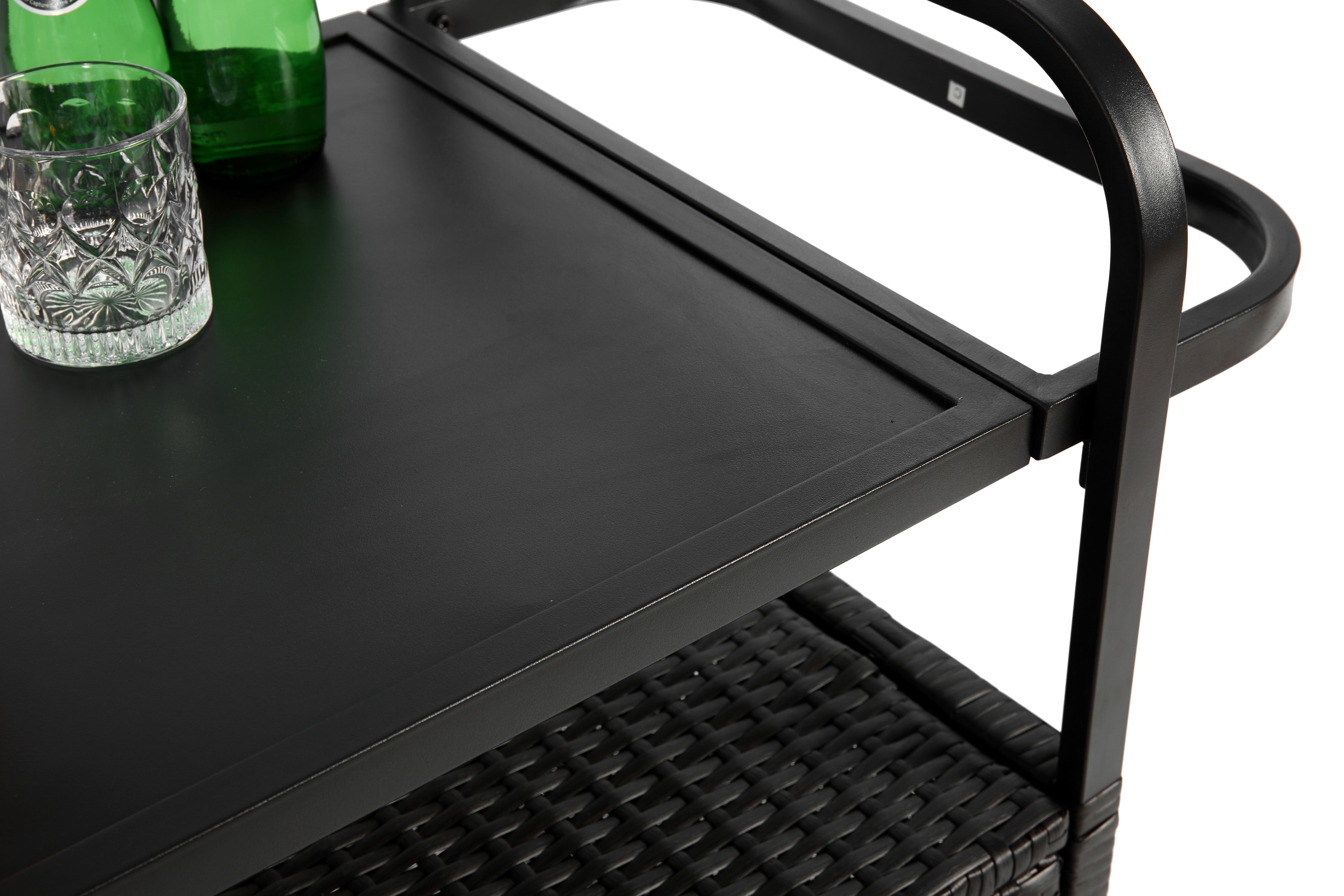 Outdoor Bar Table, Wicker Bar Cart with Cabinet, Patio Serving Cart with Steel Top, Ice Bucket, Lockable Wheels, Side Basket, Black