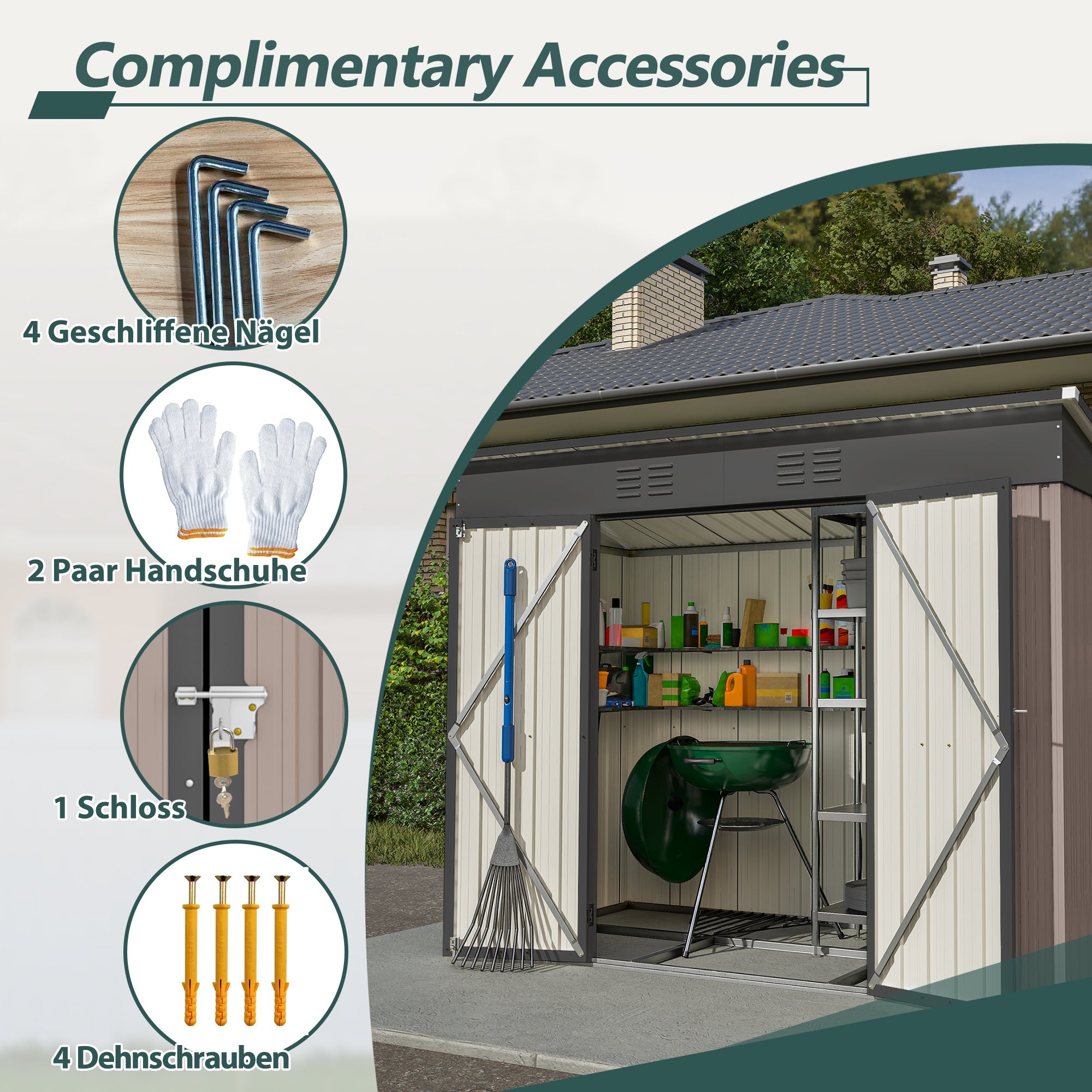 8x4 FT Metal Tool Shed Garden House with Metal Foundation, Brown