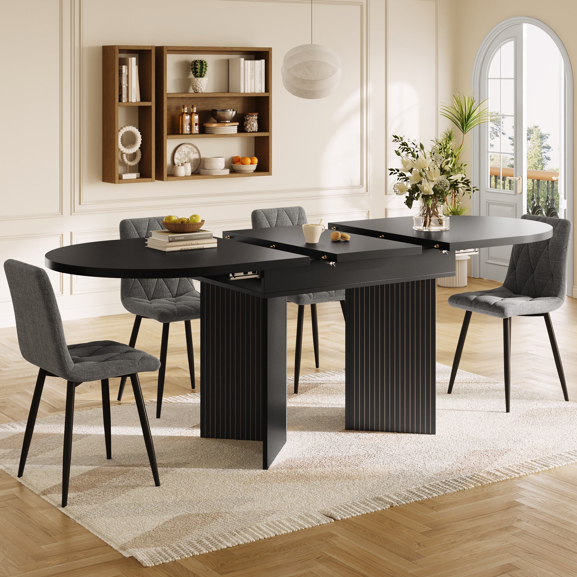 Extendable Dining Table with Internal Extension Leaves, 120-160cm, Black