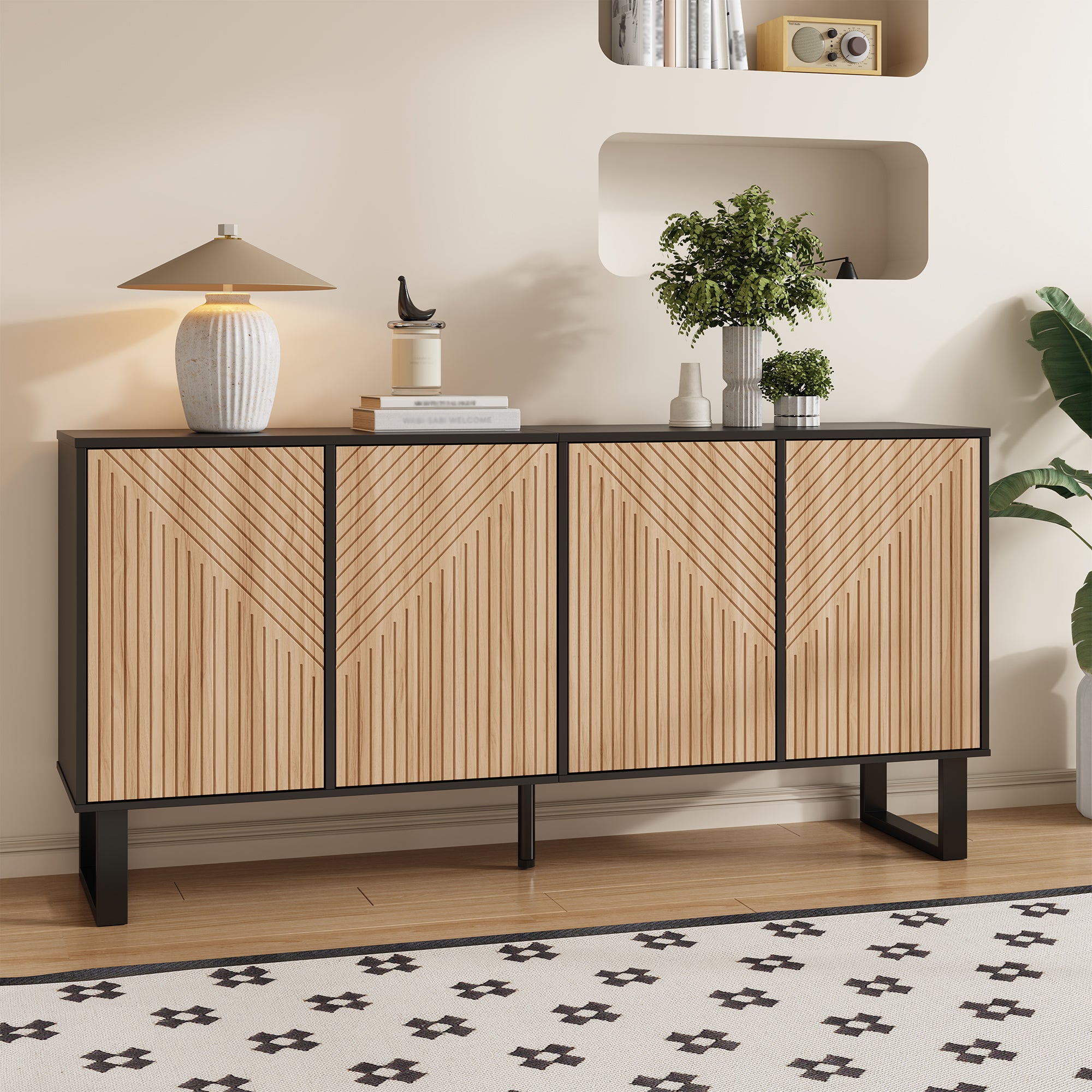 Sideboard, Minimalist with 3D Striped Front and Extra Large Storage, Black Wood Grain