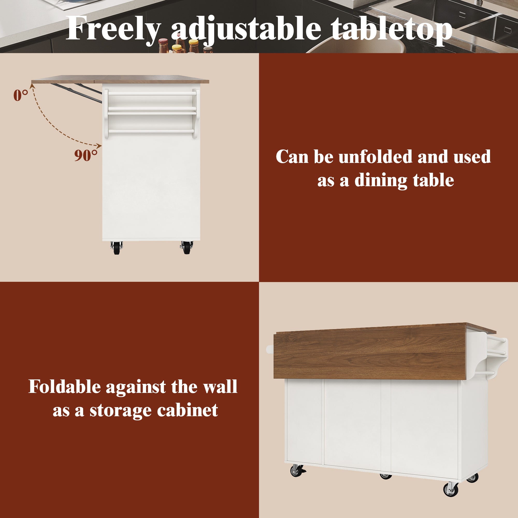 Kitchen Trolley, Removable Dining with Open Storage & Towel Rail, White Wood Grain