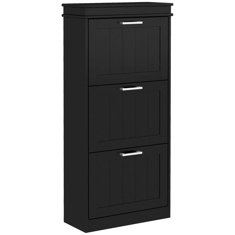 Three-Drawer Minimalistic Shoe Cabinet, Three Flip Doors Holds 15 Pairs, Black
