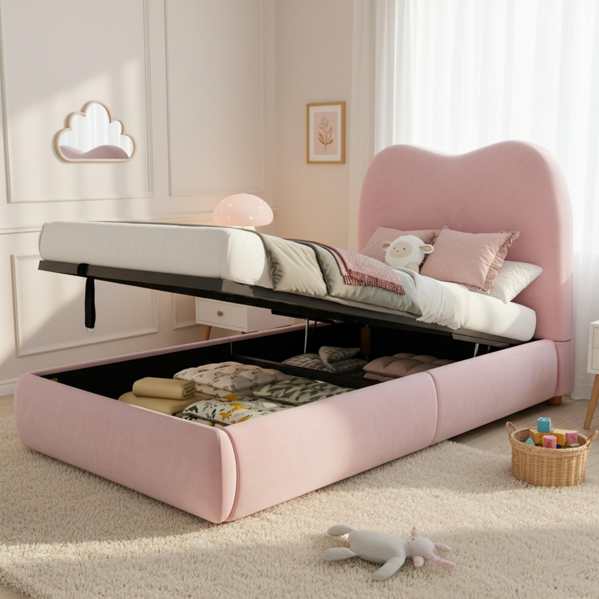Upholstered Single Bed 90x200cm Hydraulic Storage Slatted Base - Velvet Pink