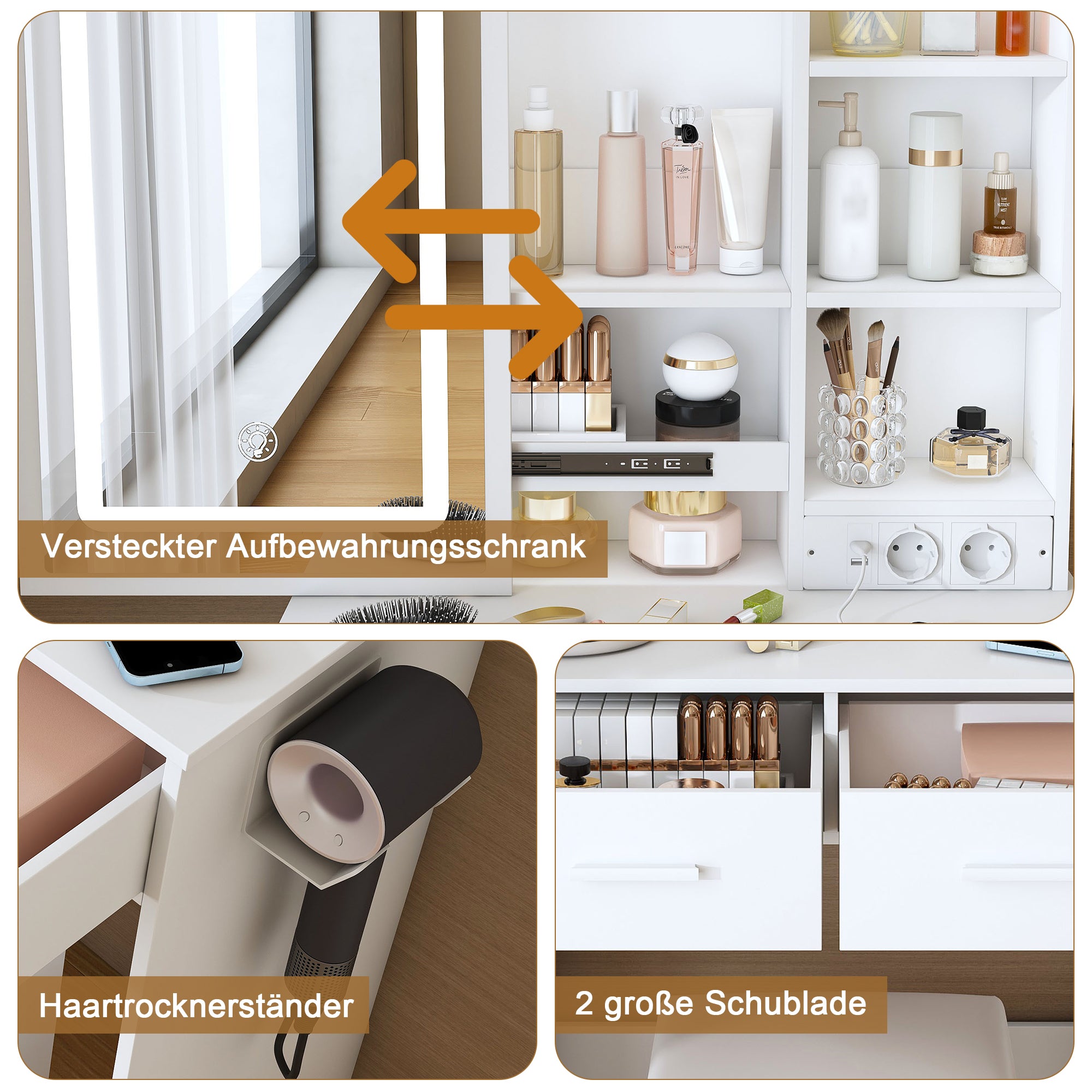 Dressing Table, Small with LED Mirror, Stool, Hidden Storage, White