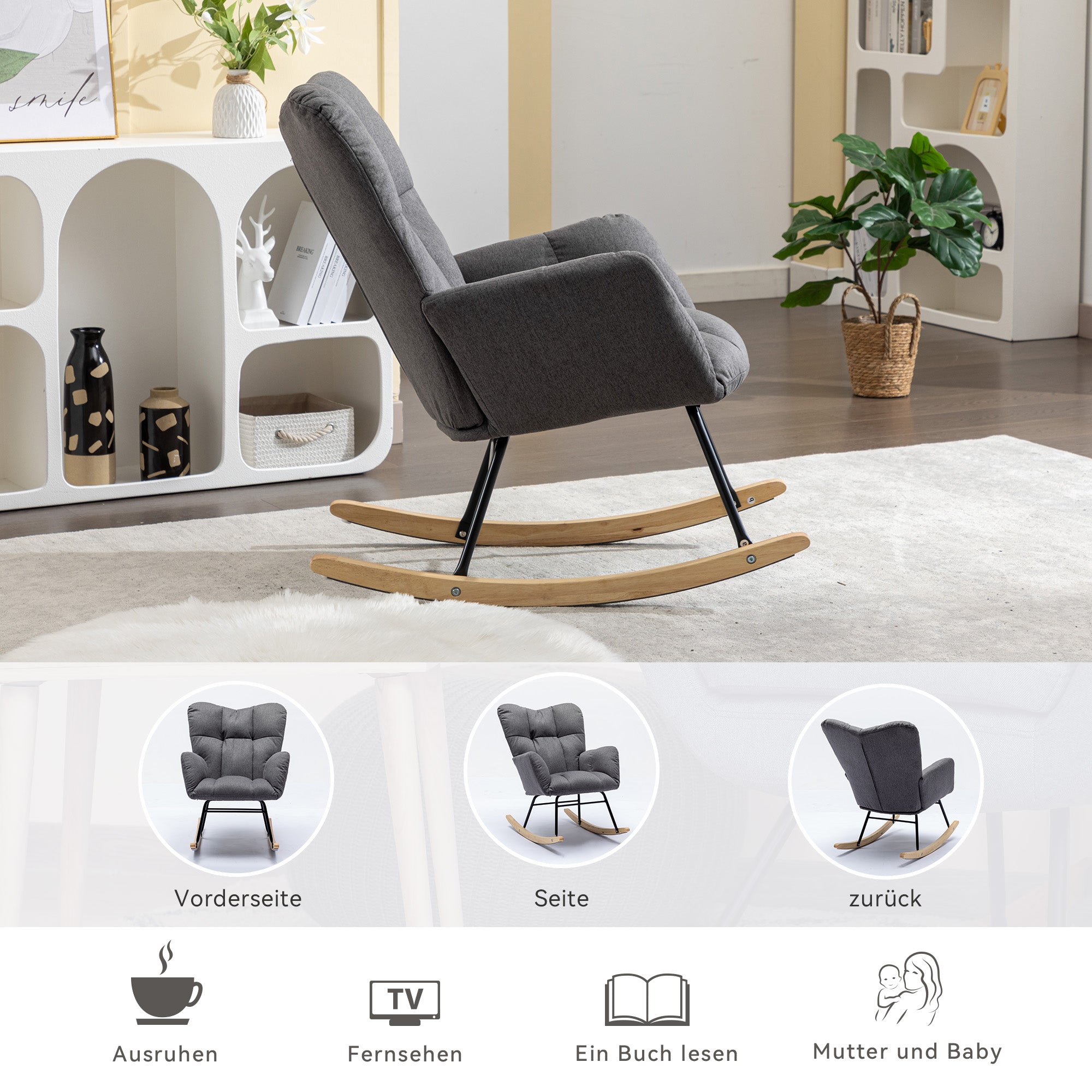 009 Mid-Century Modern Armchair with Quilting, Upholstered Seat, Linen Fabric, Grey