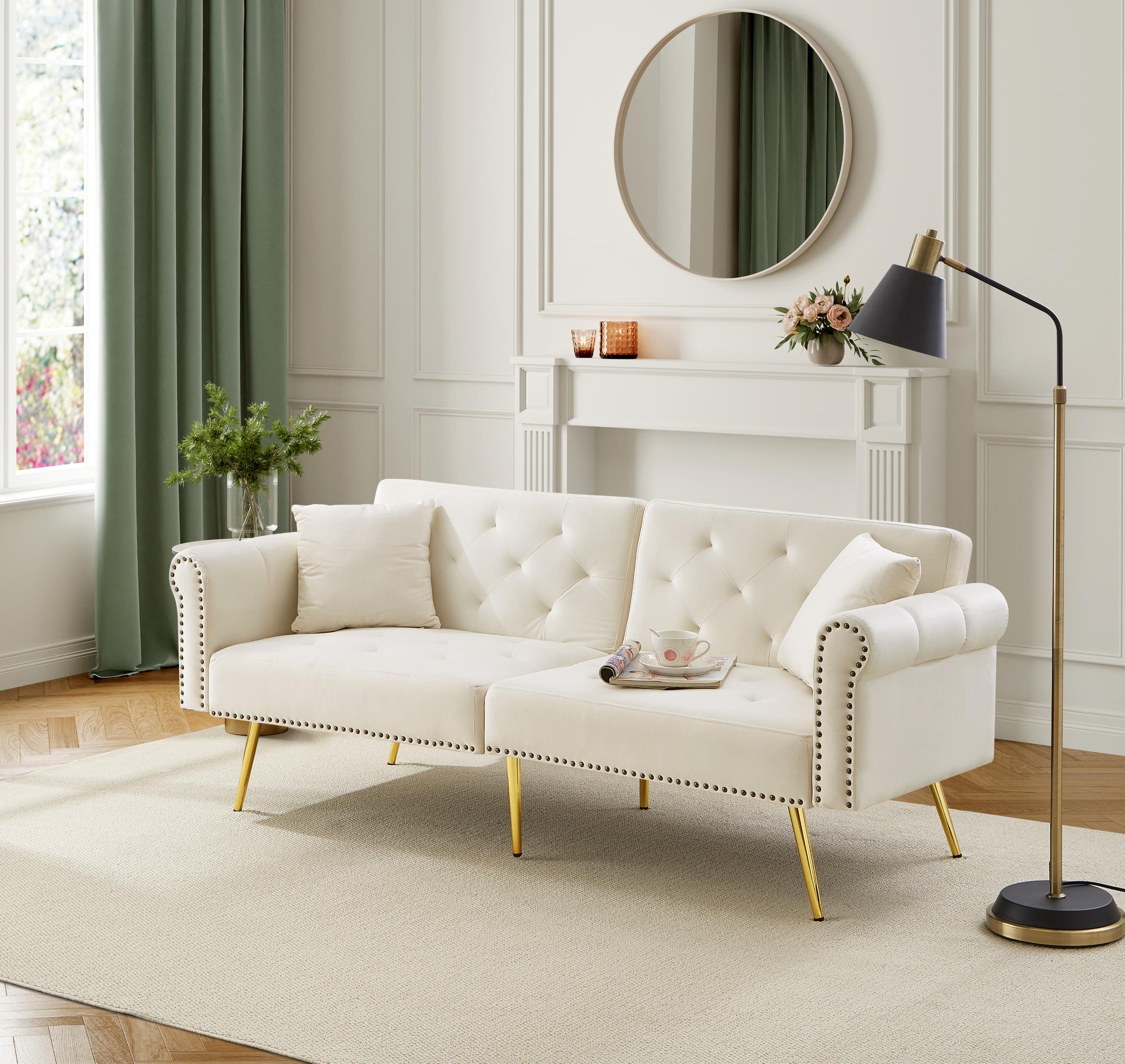 2-Seater Sofa Bed, 3-Position Adjustable Backrest Gold-Plated Metal Feet, Velvet