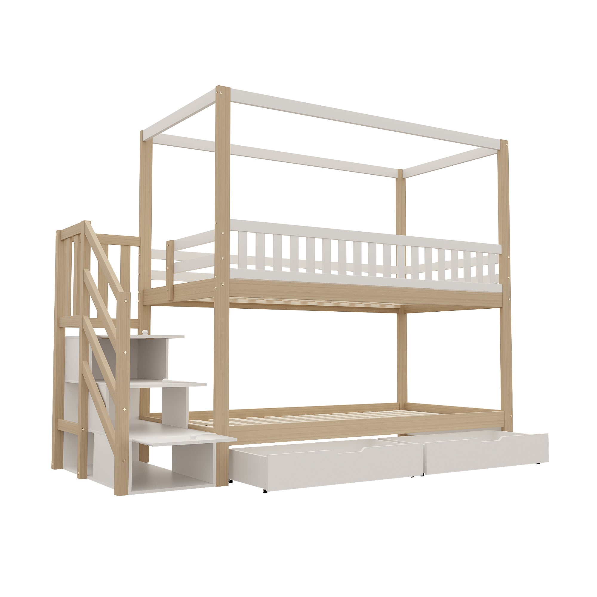 Bunk Bed, 90x200 cm House Shape Safety Rail & Storage, Solid Wood White/Natural