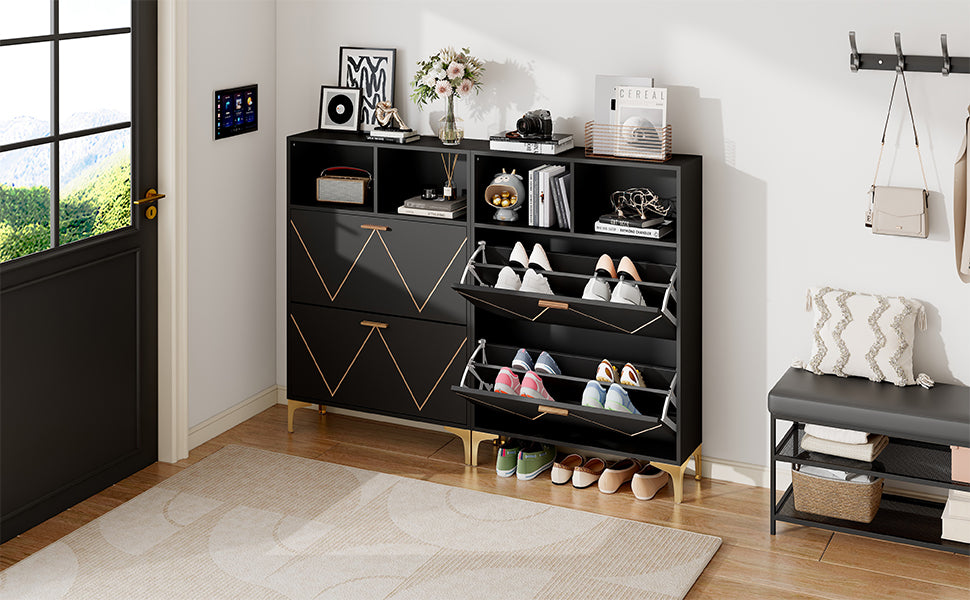 Shoe Cabinet with 4 Drop-Down Doors, 8 Compartments, 4 Semi-Open Shelves, Raised Legs, MDF + Metal