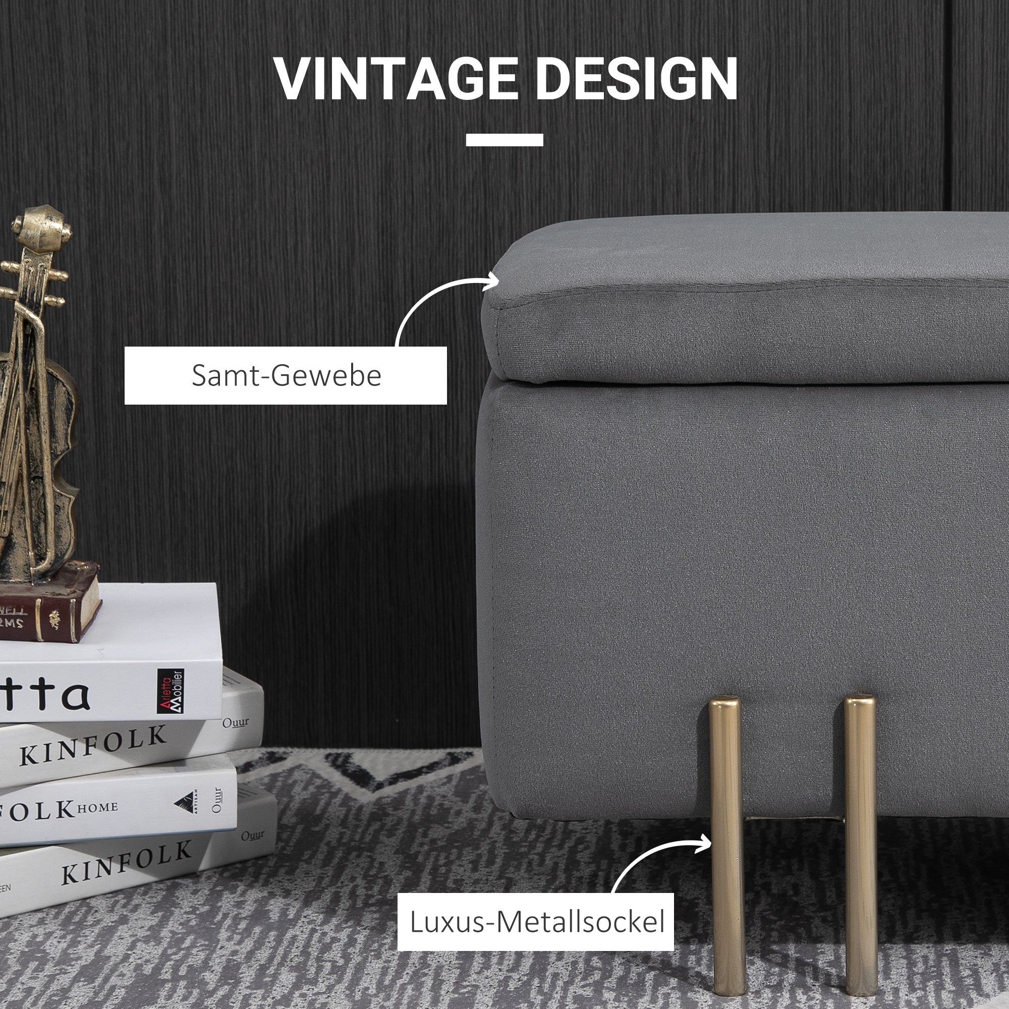 Bench with storage space chest, upholstered, dark grey fabric