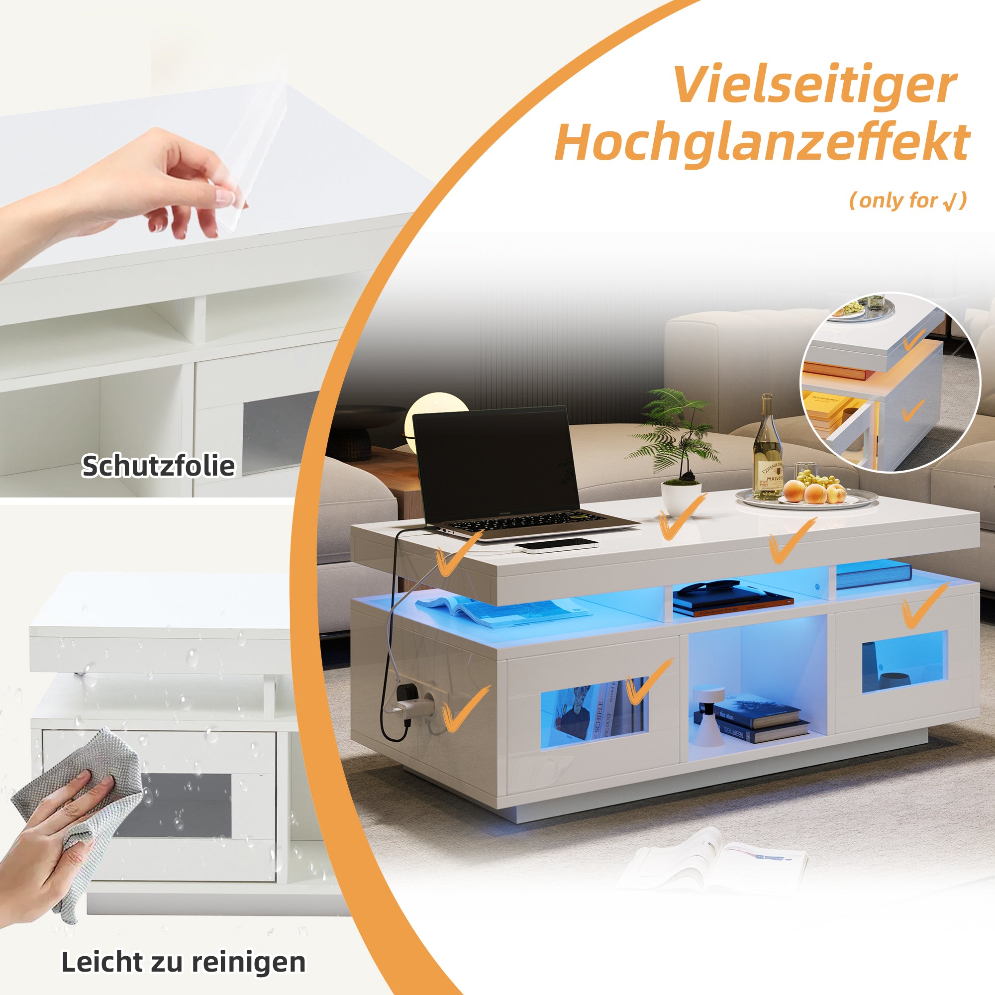 Coffee Table 100x50x43cm LED Lights Charging Port High-Gloss White