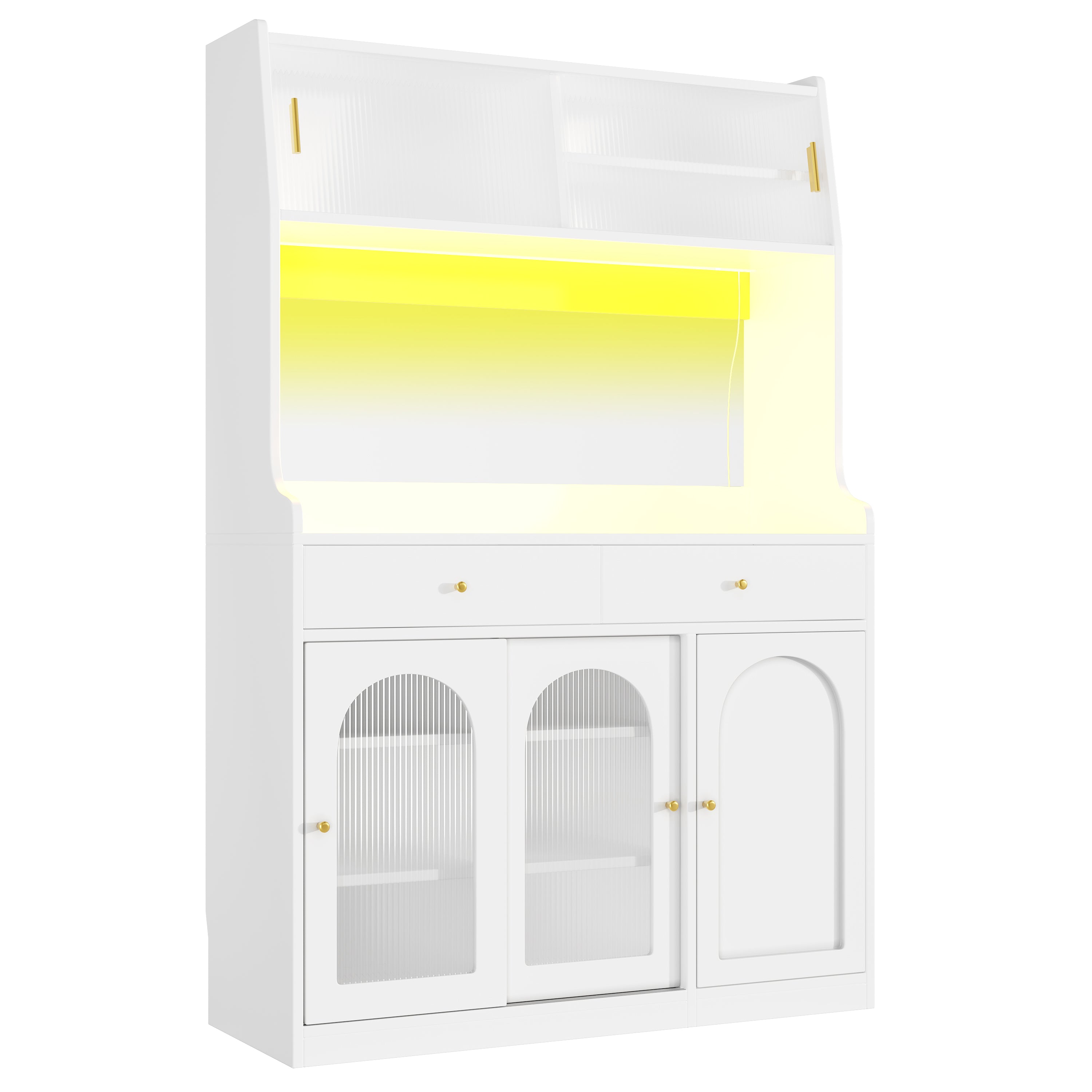 Tall Kitchen Cabinet Buffet Sideboard, Display Storage Adjustable Shelves 2 Drawers LED Lighting - White