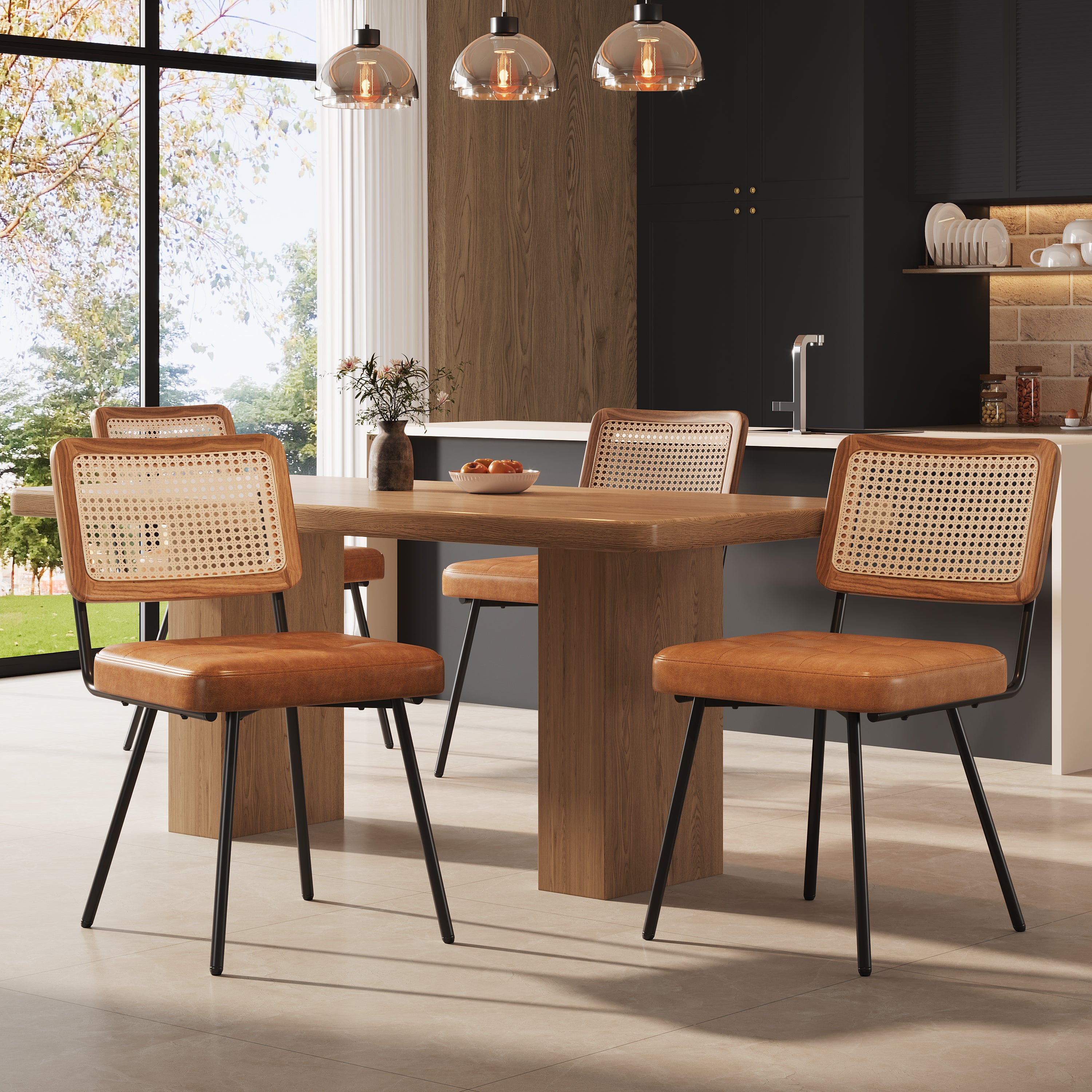 Ergonomic Dining Chair Set of 4, Rattan Retro Design, Faux Leather