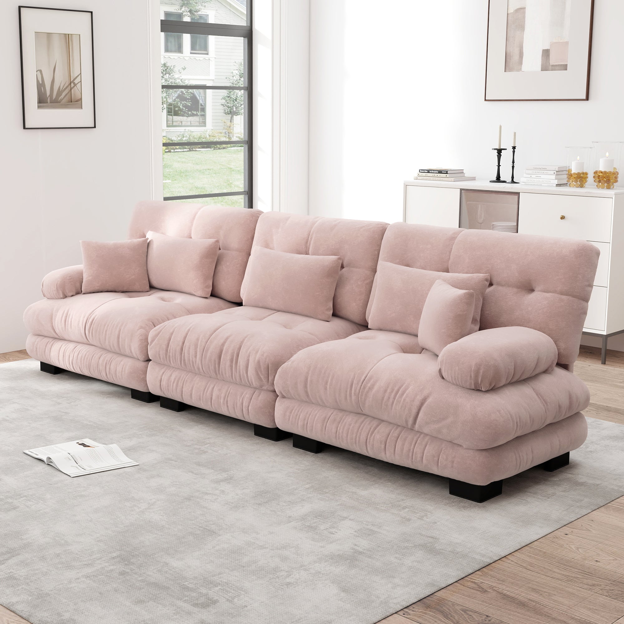 3-Seater Modular Corner Sofa with Deep Seat, Chenille Sleeper Sofa, Comfortably Upholstered for Living Room, Apartment, Studio, Office, Pink Chenille