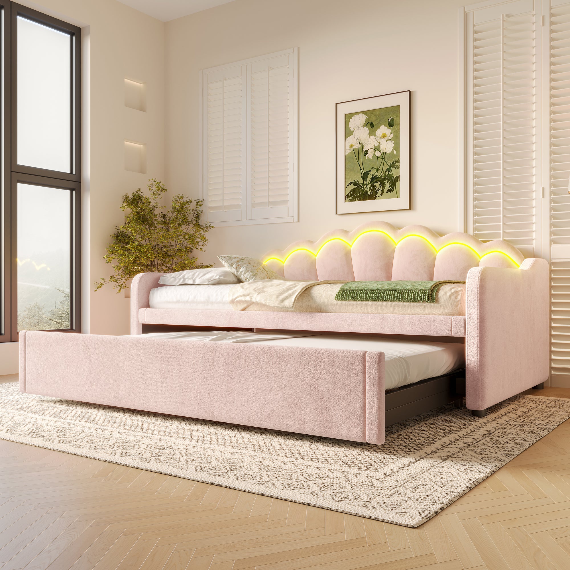 Daybed Sofa Bed Pull-out Bed LED Strip 90/180x200cm - Velvet Pink