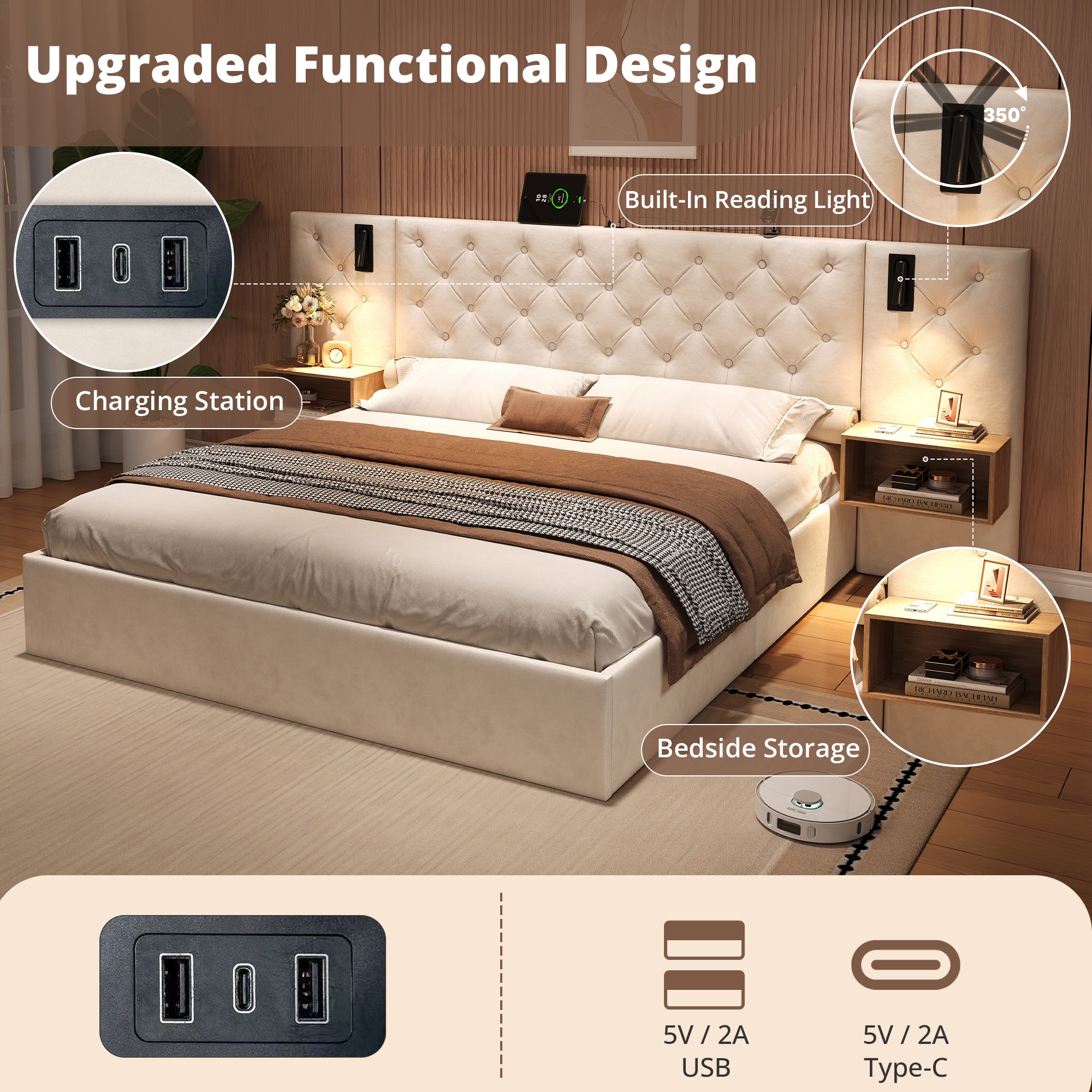 King Upholstered Bed with Charging Station, Reading Light, and Hydraulic Storage, Beige Velvet