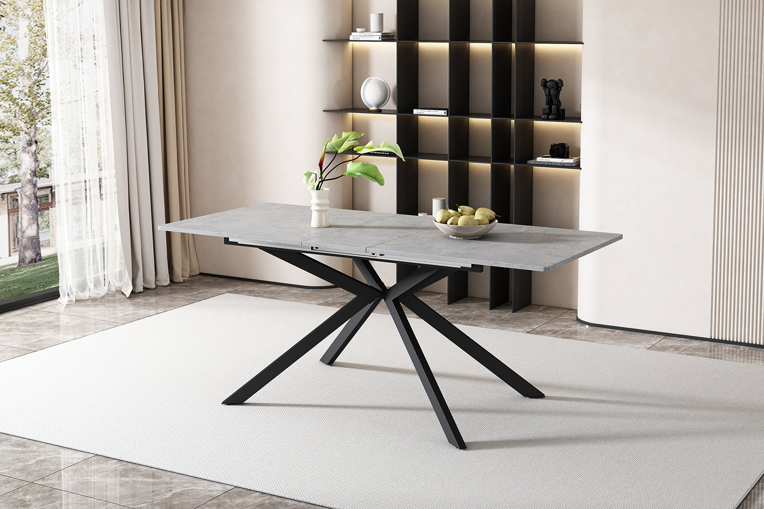 Extendable Dining Table Automatic Rectangular Cross Leg L150/180cm - Cement Pattern Black/Grey