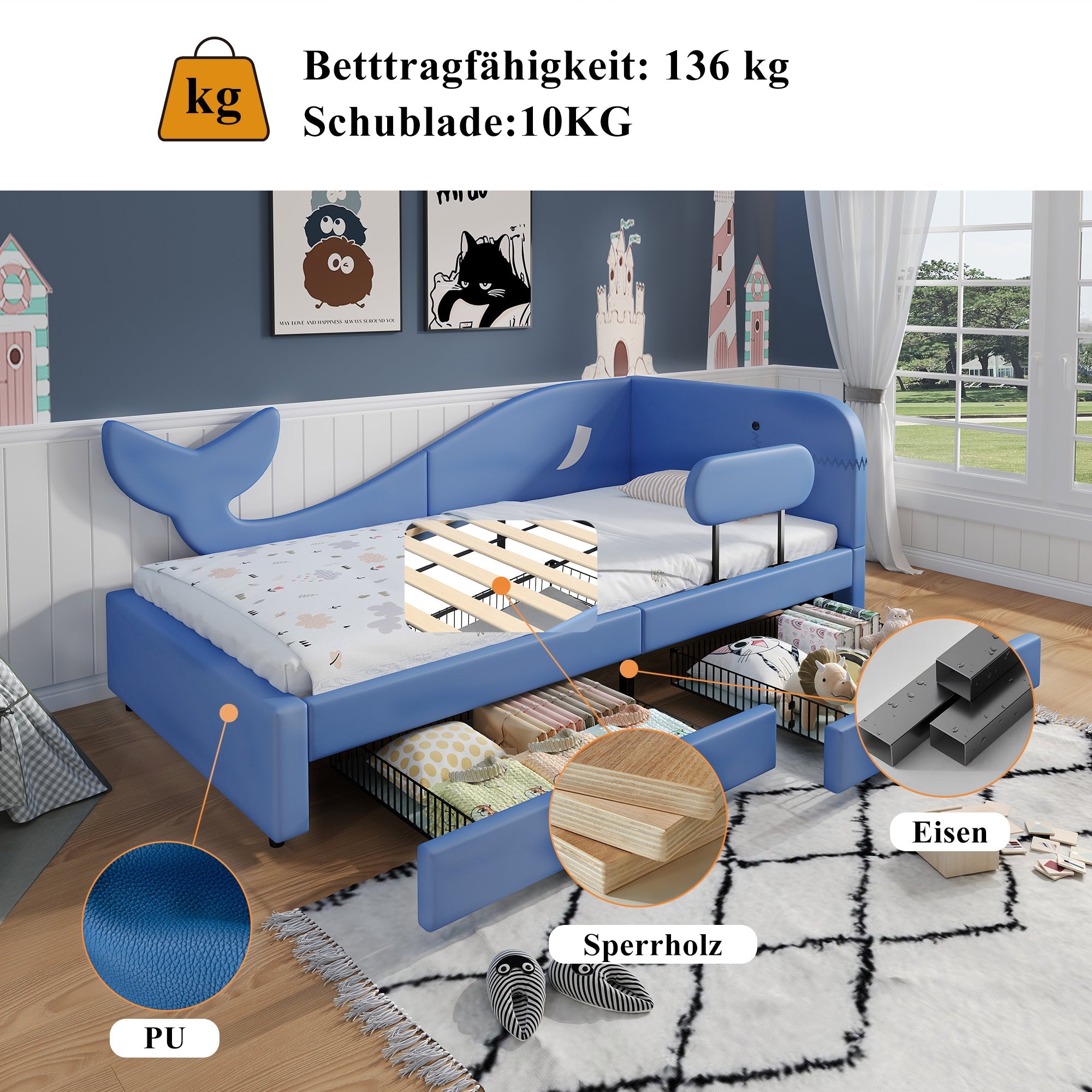 Children's Splicing Bed, Upholstered Daybed with 2 Drawers, Blue