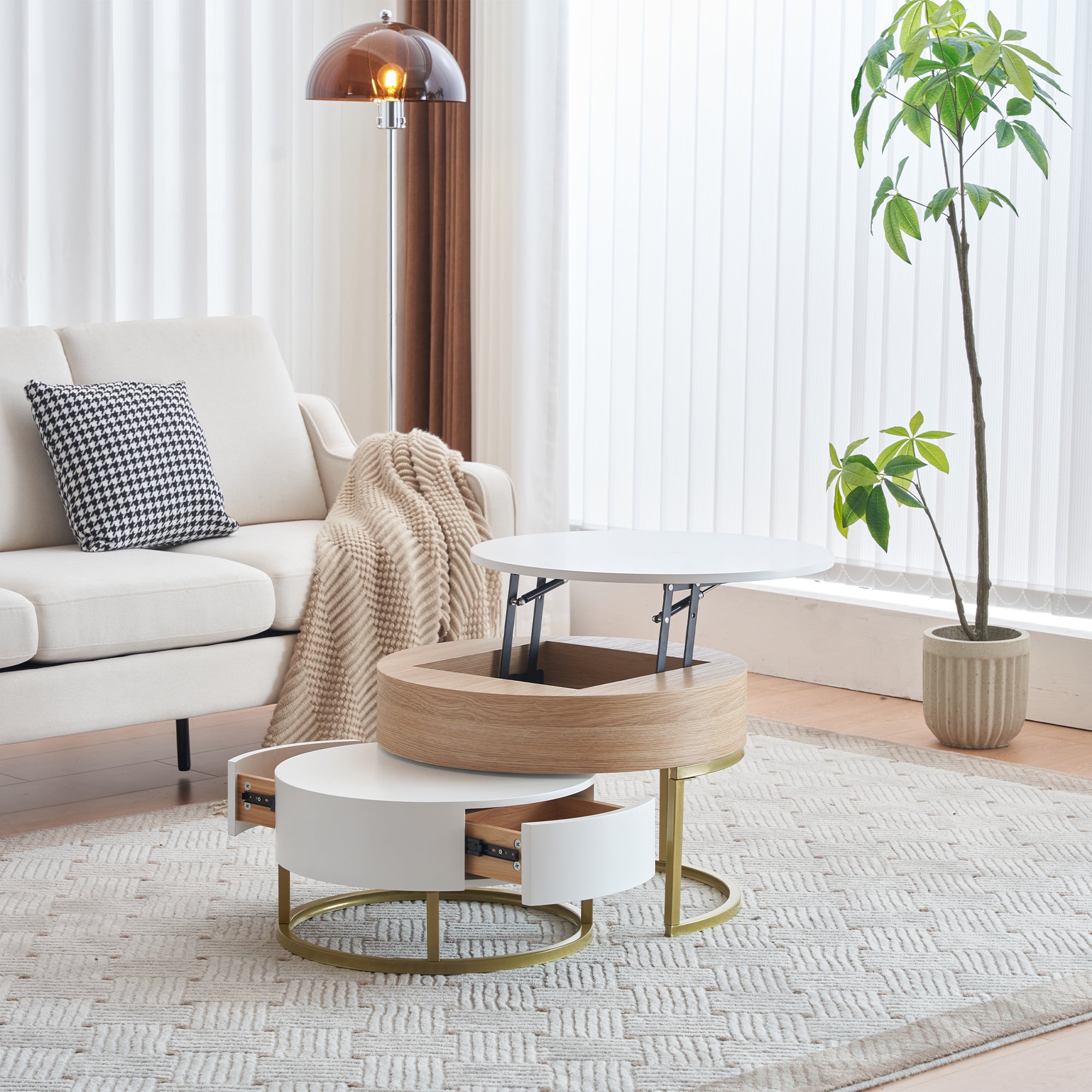 Nesting Table, Fold-Up Coffee & Side Table with Two Drawers, 2-Piece Set, Golden