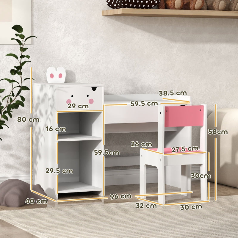 Rabbit-Themed Kids Desk and Chair Set with Bookcase, Drawers, and Shelves, White/Pink
