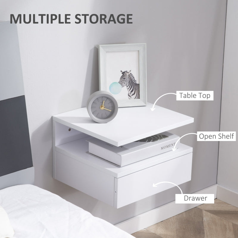 Set of Two Floating Bedside Tables with Drawer and Shelf - White