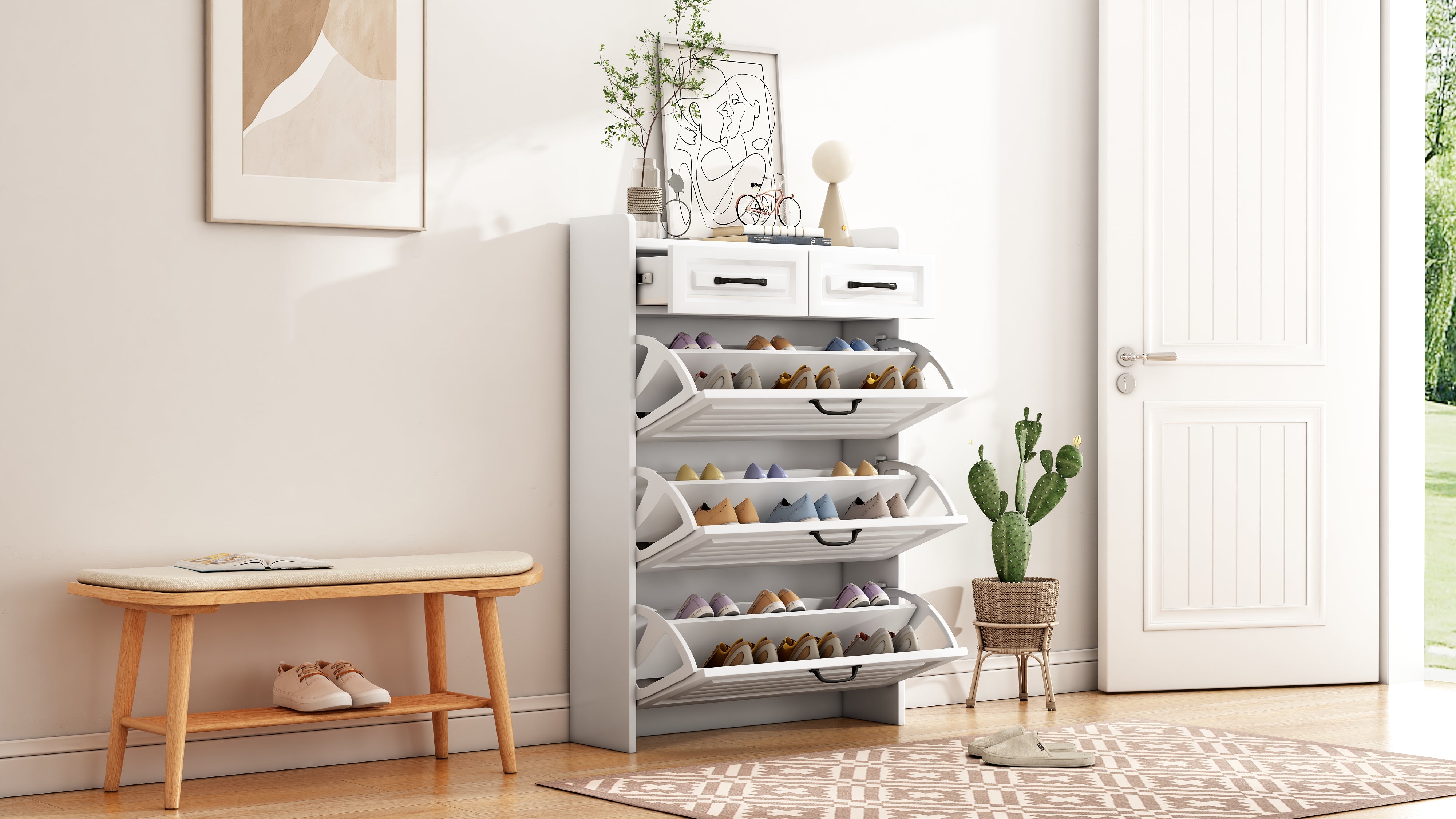 Shoe Cabinet 3 Doors 2 Drawers, W80/H131 cm, Wooden