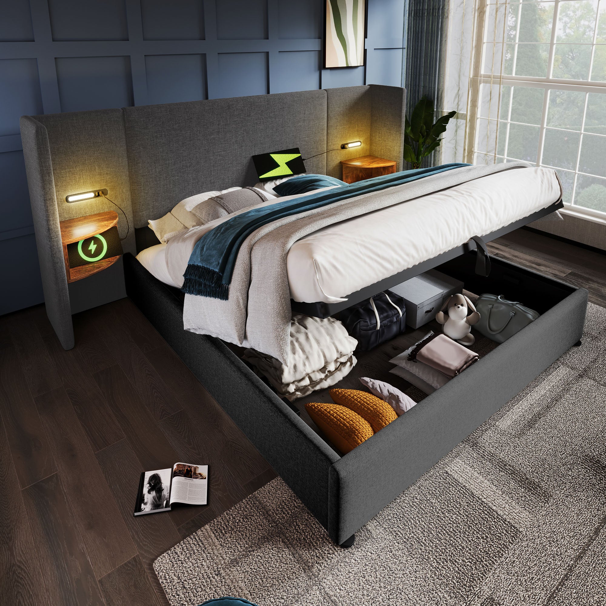 Upholstered Double Bed 160x200, with Bedside Table, Lamp, USB Type-C, Gray Linen