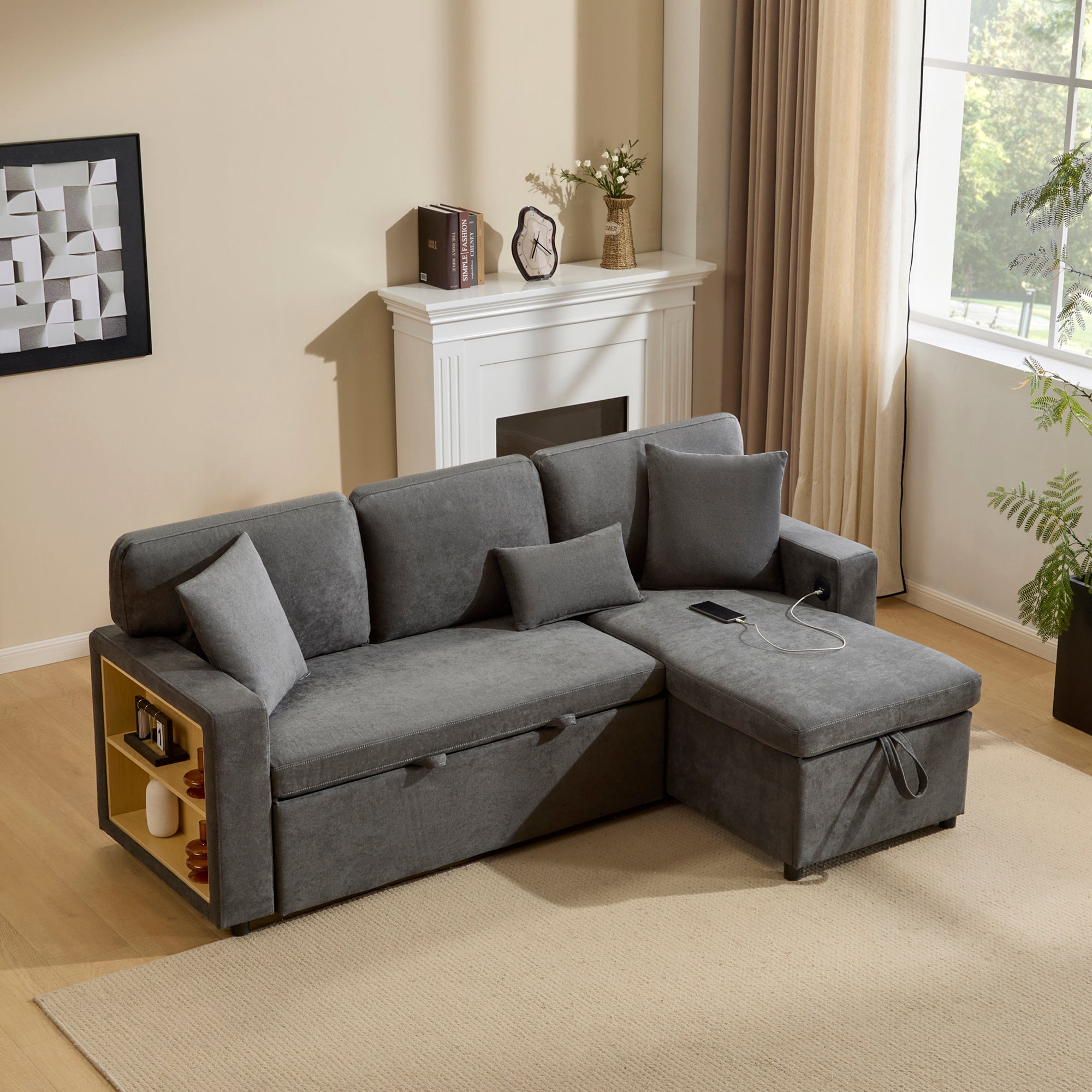 Corner Sofa Bed, L-Shaped Extendable with Storage & Shelf, Dark Grey