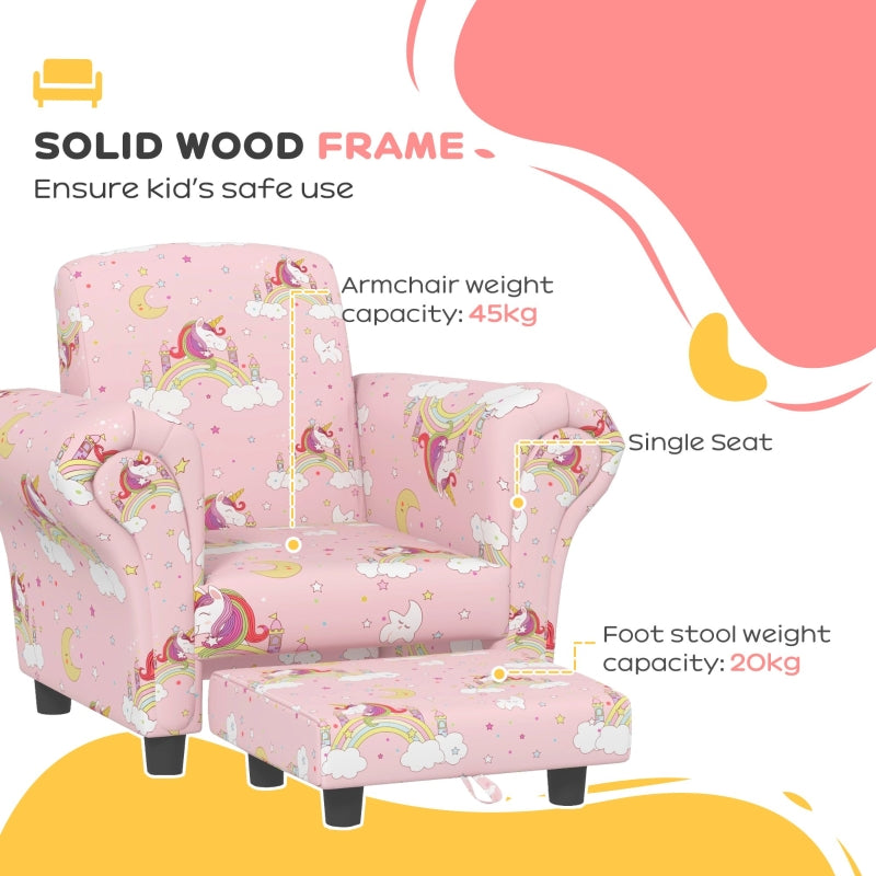 2 Piece Kids Sofa Set Unicorn Design Wooden Frame Pink