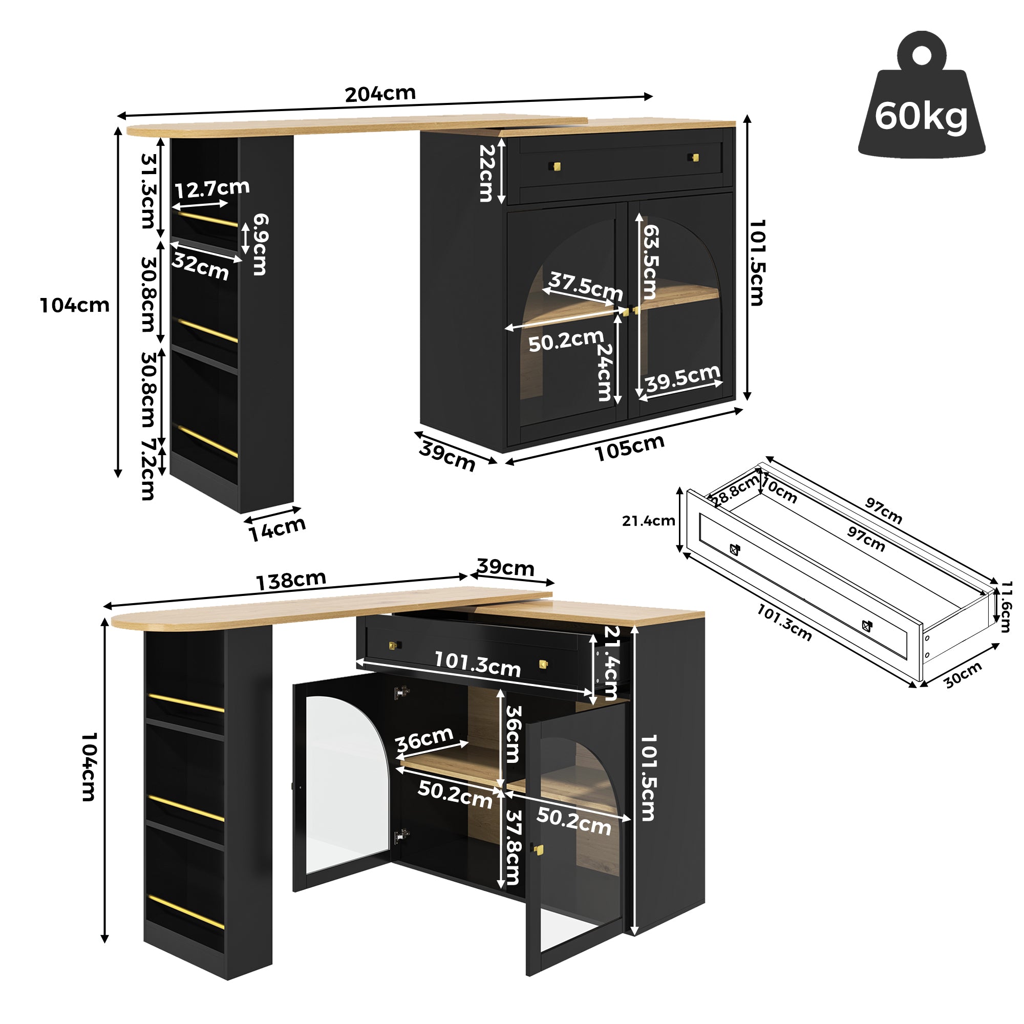 Extendable Bar Table 360° Rotating Storage Shelves Glass - Black