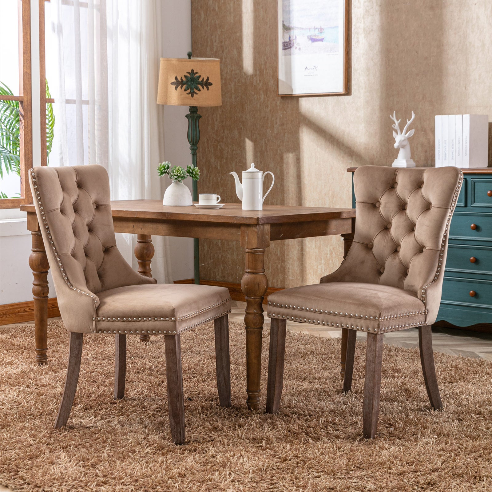 Nikki Collection Tufted Velvet Upholstered Dining Chair Set of 2, Khaki