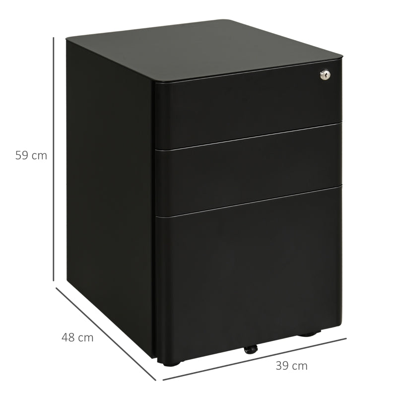 Lockable Cabinet, Rolling 3-Drawer Filing Unit for A4/Legal Files, Steel Black