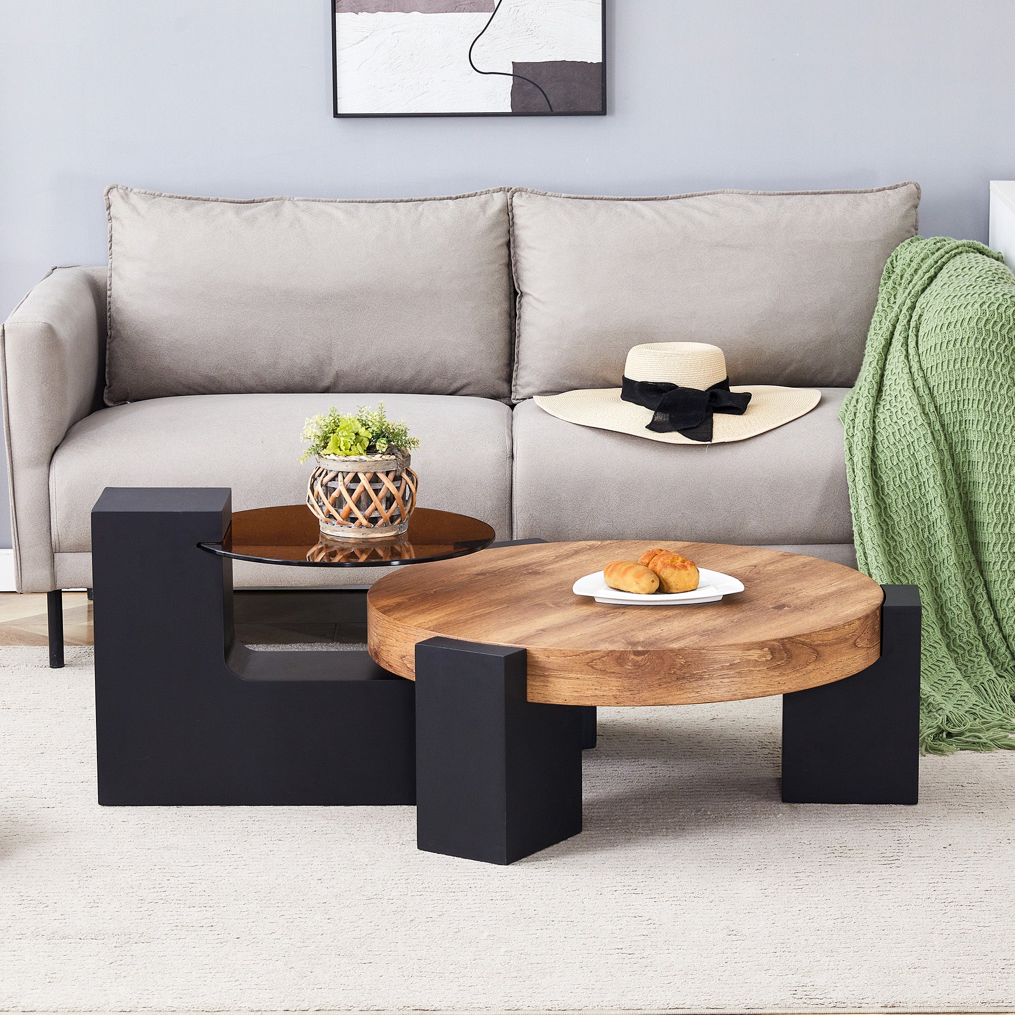 Round Coffee Table Two-Tier Detachable Transparent Brown Glass Top Black MDF Legs