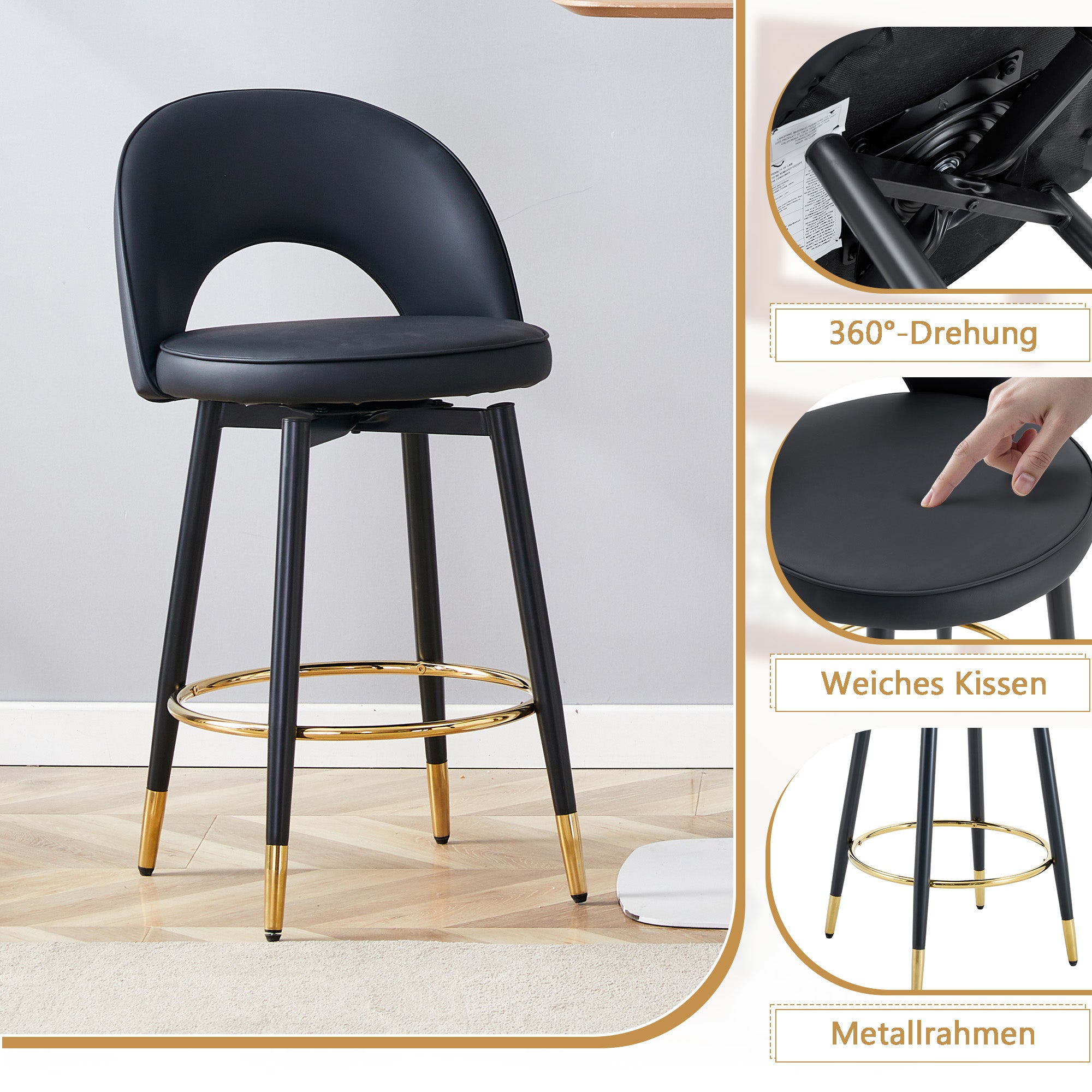 360° Swivel Bar Stool, Padded Seat with Openwork Backrest, Set of 2, Black PU Leather and Metal